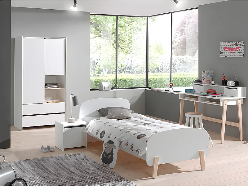 Pack - Lit Enfant, Chevet, Bureau & Armoire "Kiddy" Blanc