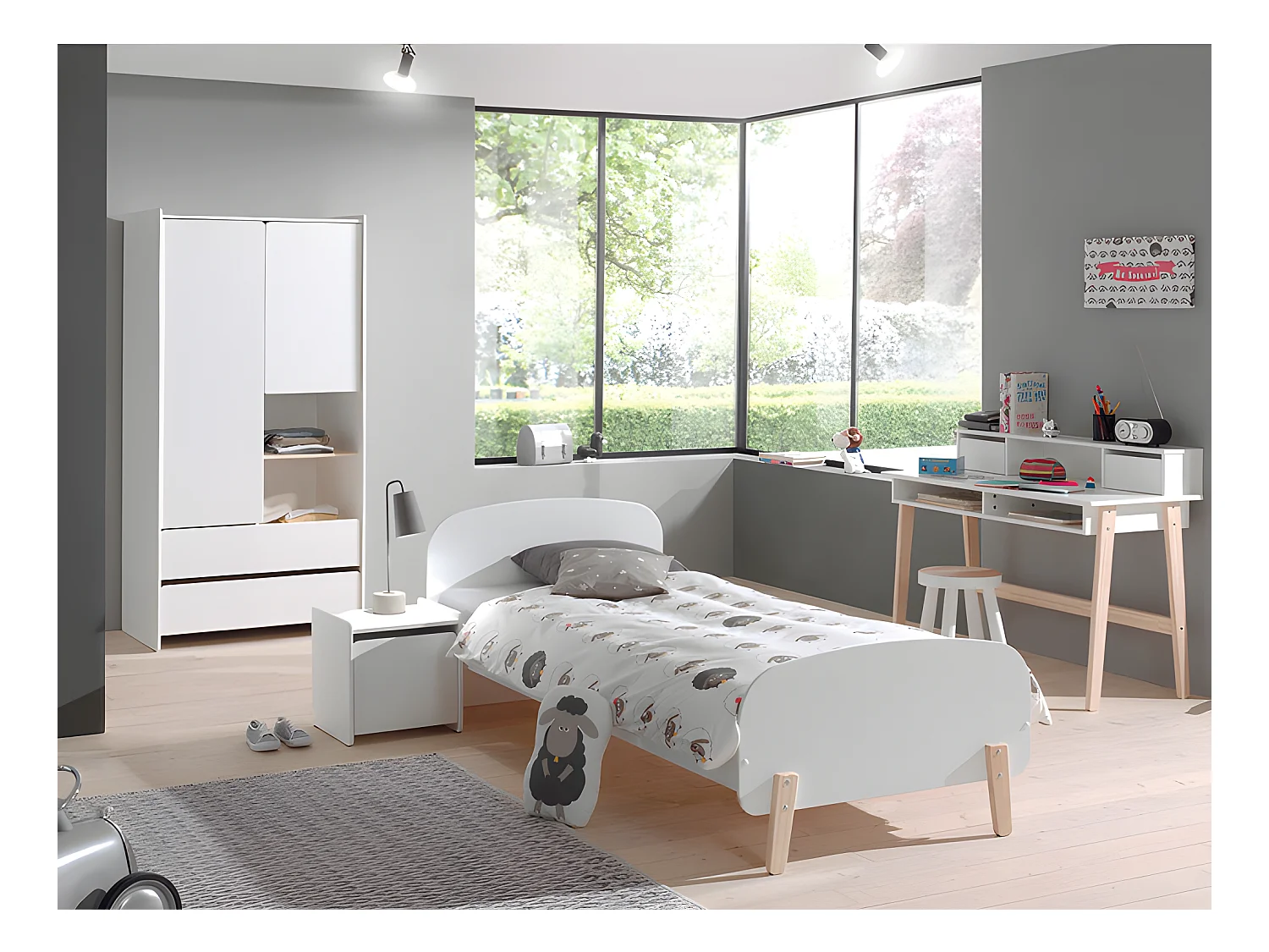 Pack - Lit Enfant, Chevet, Bureau & Armoire "Kiddy" Blanc