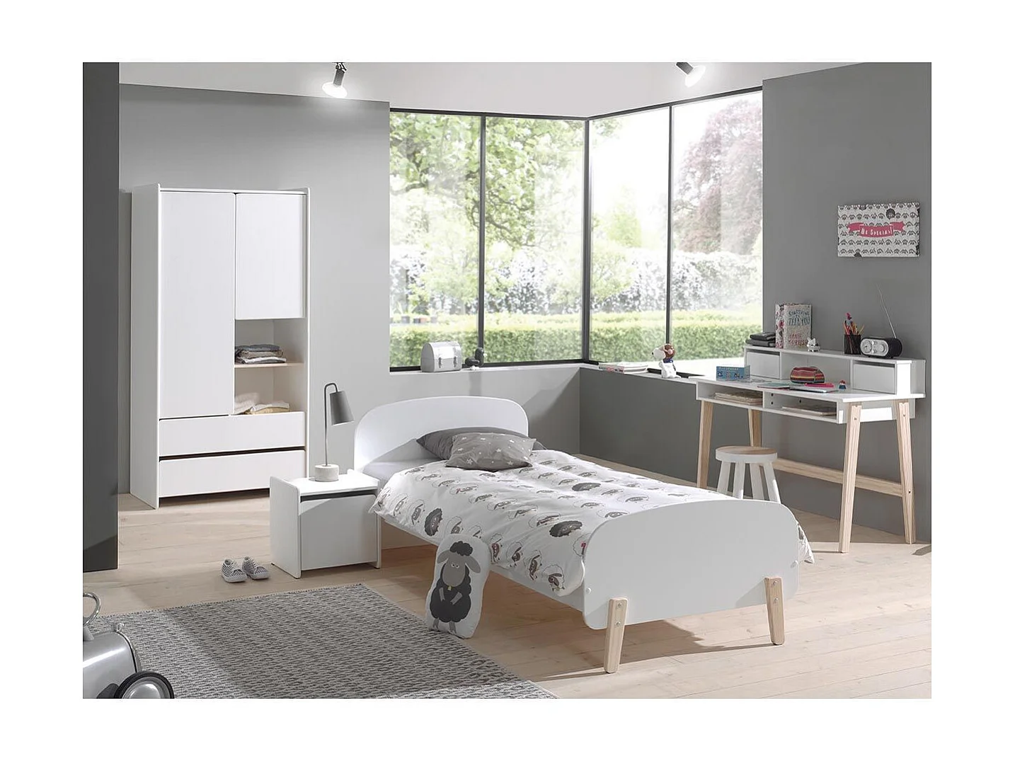 Pack - Lit Enfant, Chevet, Bureau & Armoire "Kiddy" Blanc