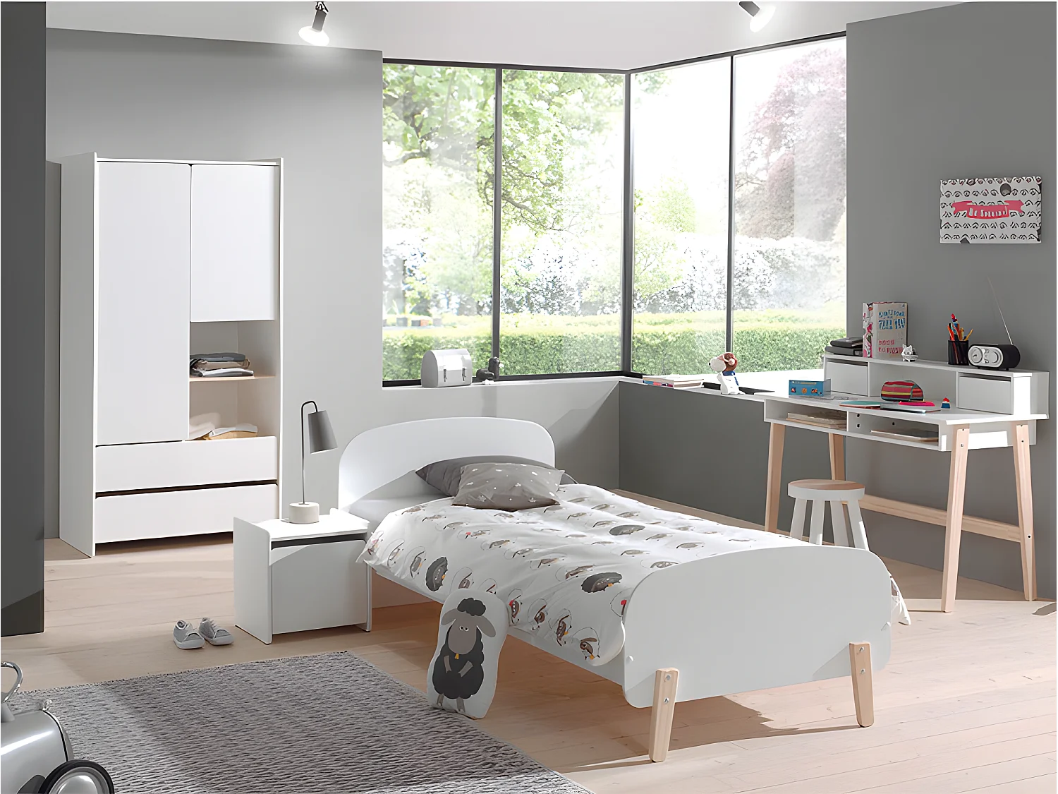 Pack - Lit Enfant, Chevet, Bureau & Armoire "Kiddy" Blanc