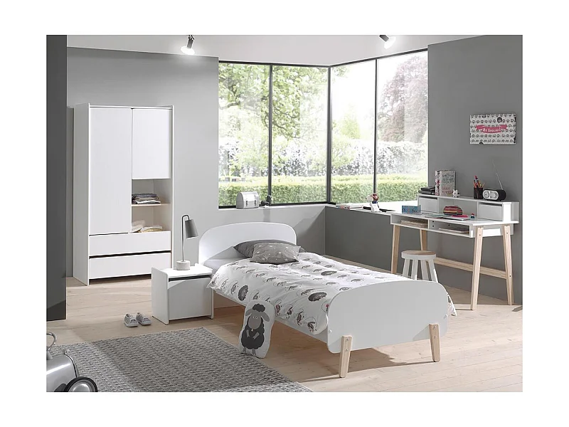 Pack - Lit Enfant, Chevet, Bureau & Armoire "Kiddy" Blanc