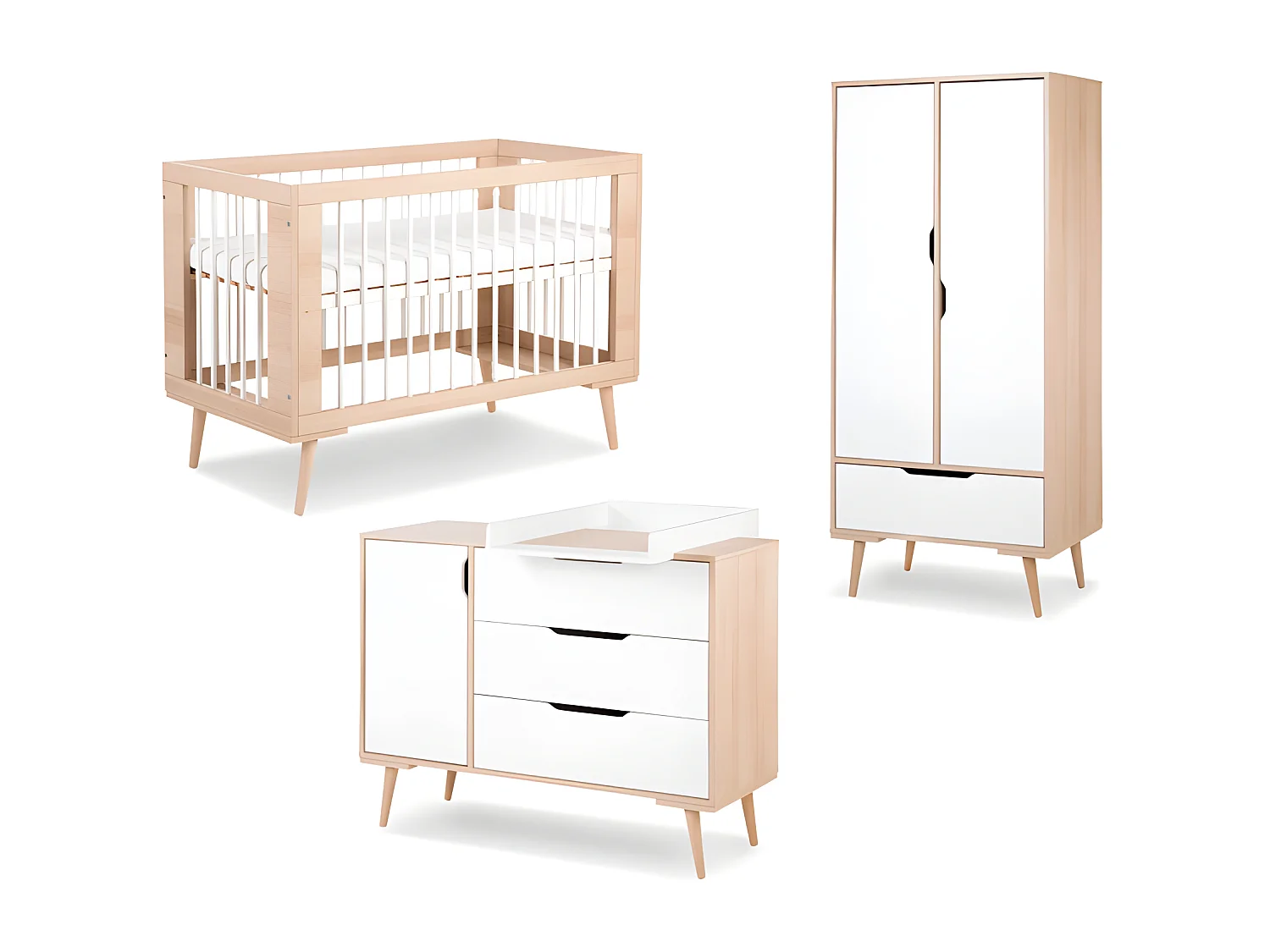 Chambre complète lit bébé - commode à langer - armoire LittleSky by Klups Sofie Hêtre et blanc