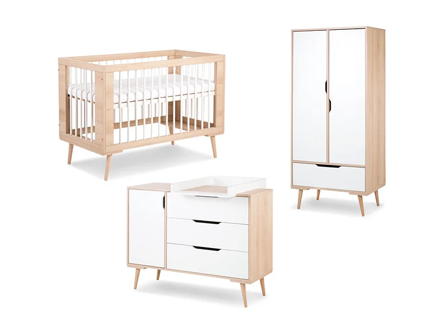 Chambre complète lit bébé - commode à langer - armoire LittleSky by Klups Sofie Hêtre et blanc