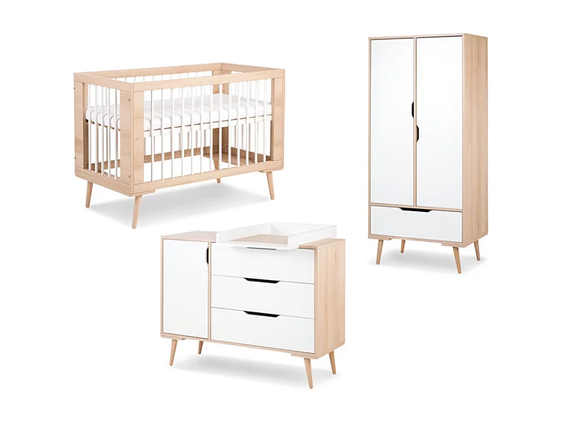 Chambre complète lit bébé - commode à langer - armoire LittleSky by Klups Sofie Hêtre et blanc