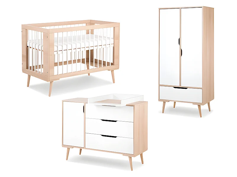 Chambre complète lit bébé - commode à langer - armoire LittleSky by Klups Sofie Hêtre et blanc