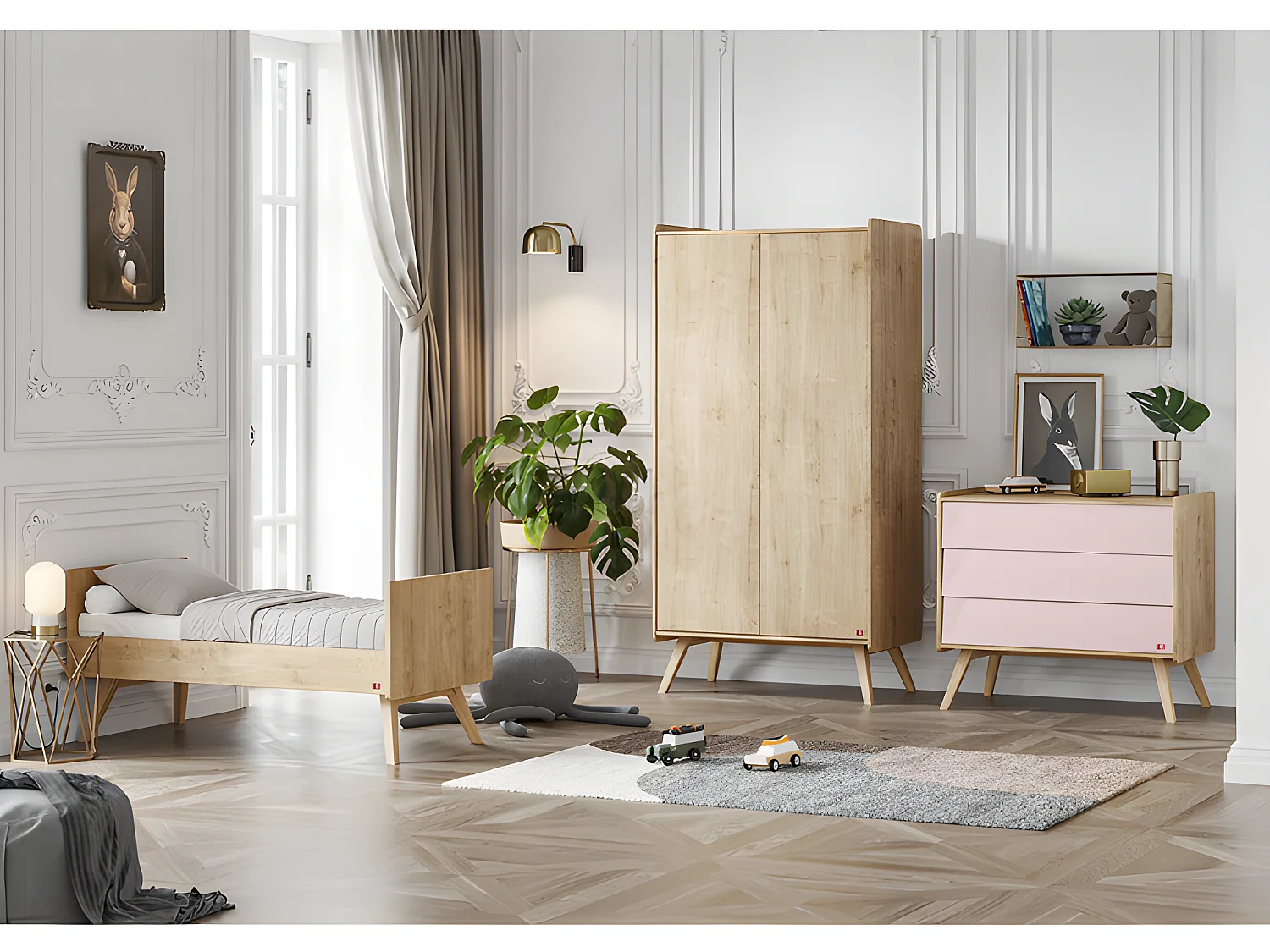 Chambre complète lit bébé évolutif - commode 3 tiroirs - armoire 2 portes Vintage Bois Rose