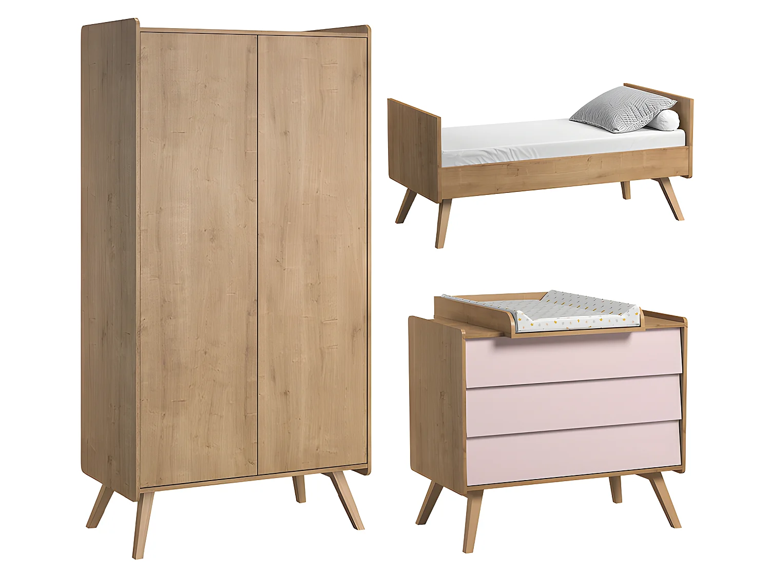 Chambre complète lit bébé évolutif - commode 3 tiroirs - armoire 2 portes Vintage Bois Rose