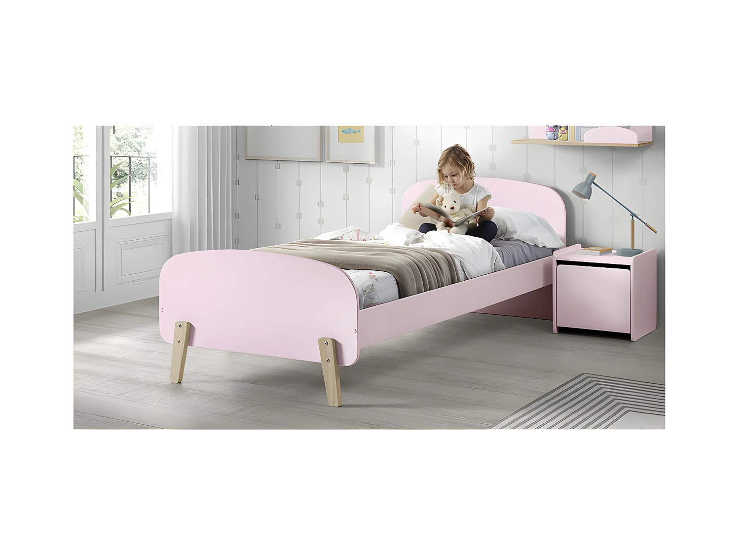 Pack - Lit Enfant & Chevet "Kiddy" 90x200cm Rose