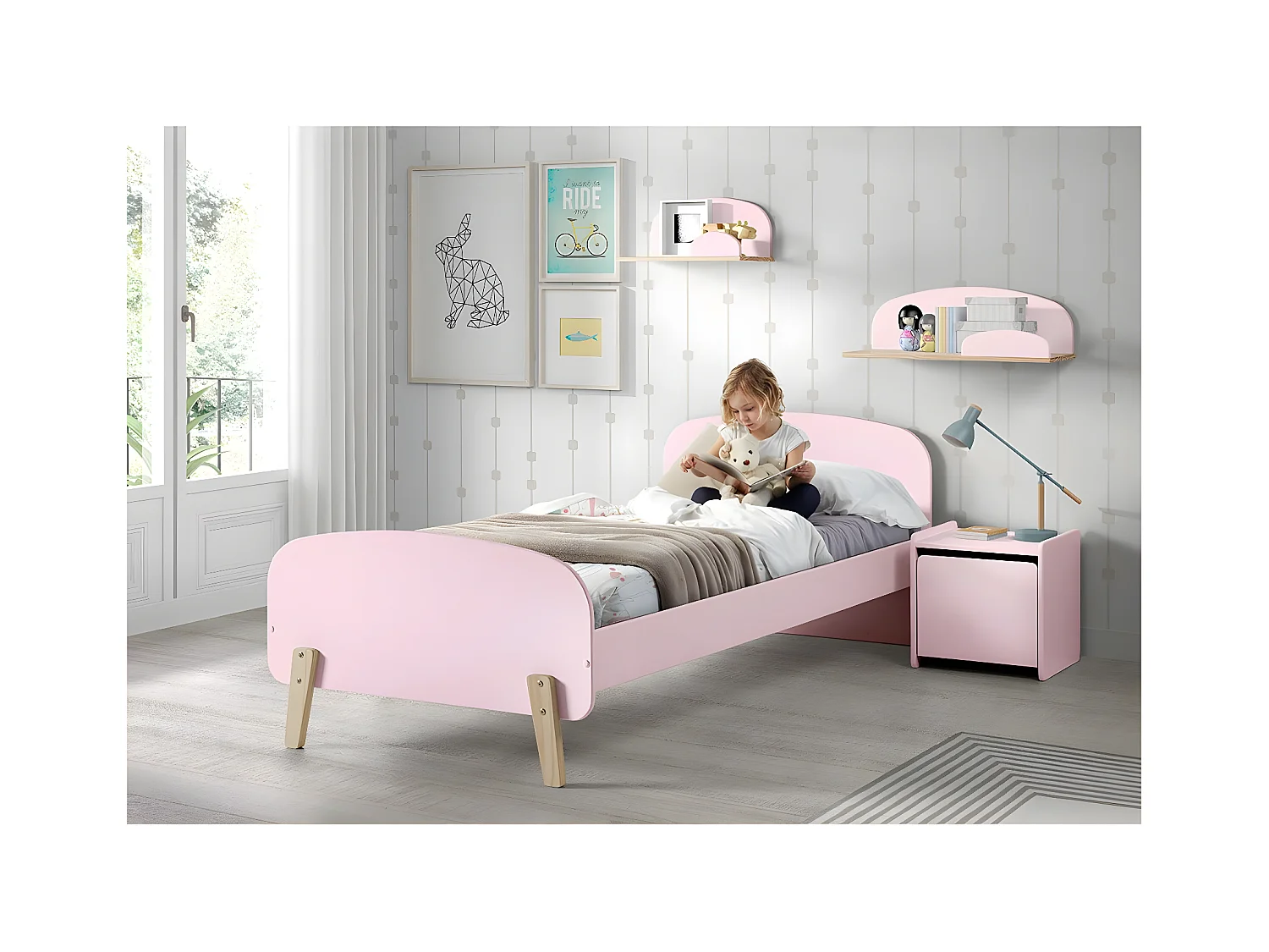 Pack - Lit Enfant & Chevet "Kiddy" 90x200cm Rose