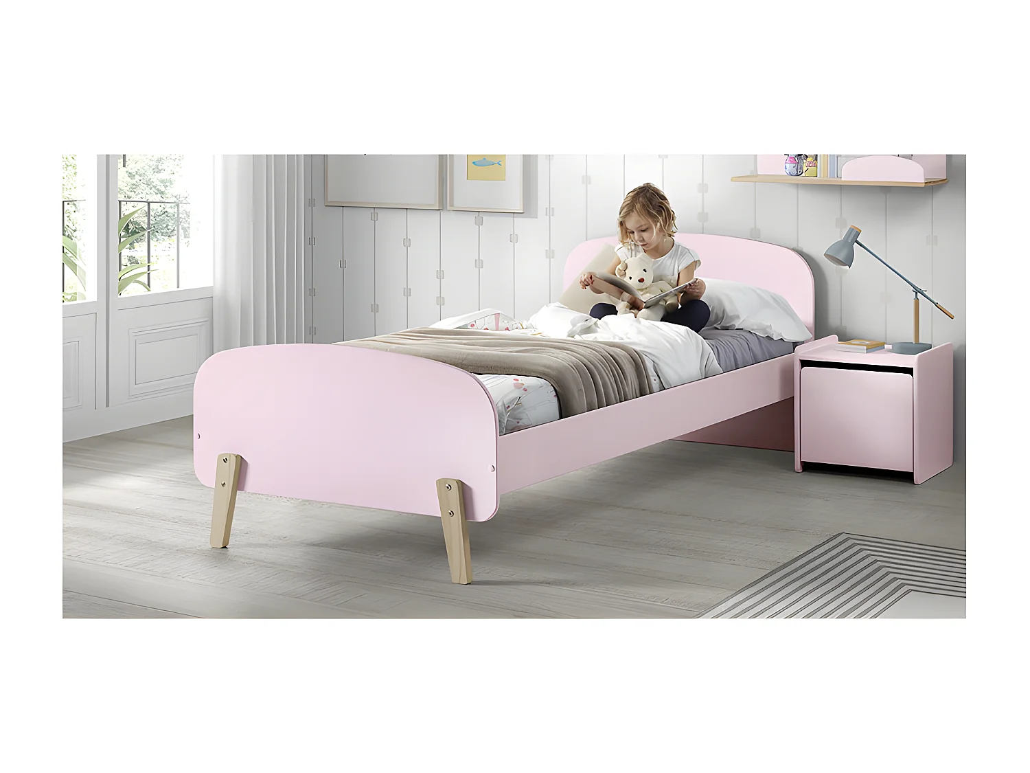 Pack - Lit Enfant & Chevet "Kiddy" 90x200cm Rose