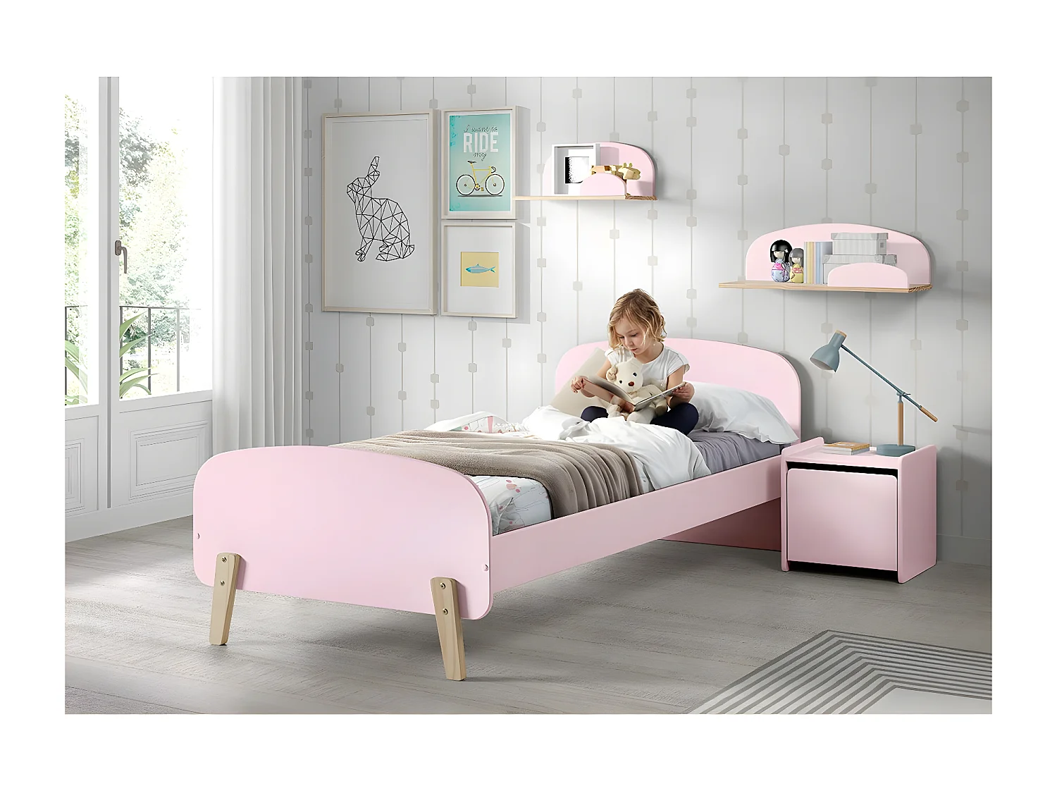 Pack - Lit Enfant & Chevet "Kiddy" 90x200cm Rose