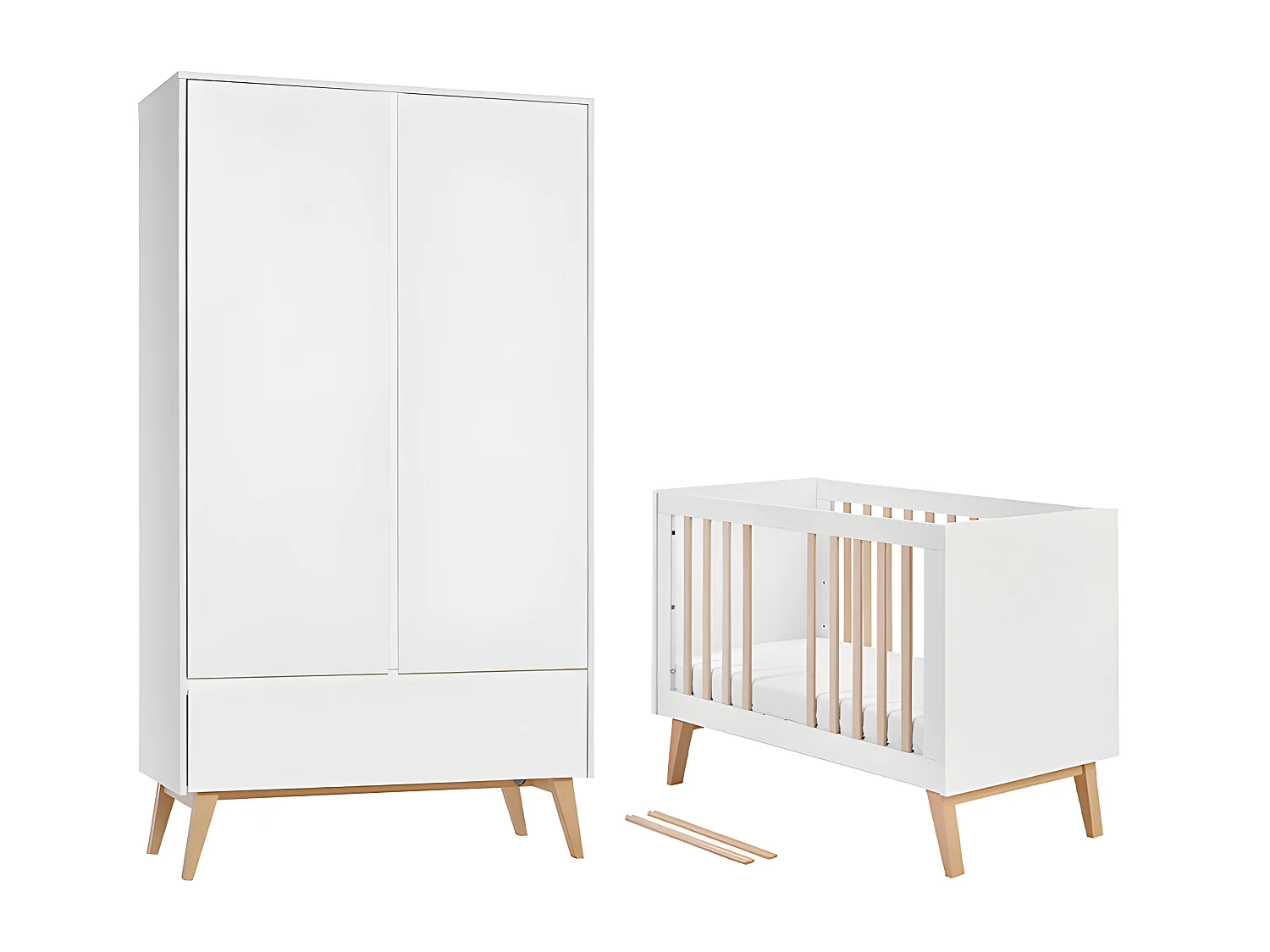 Lit évolutif 60x120 et armoire 2 portes Swing - Blanc et bois
