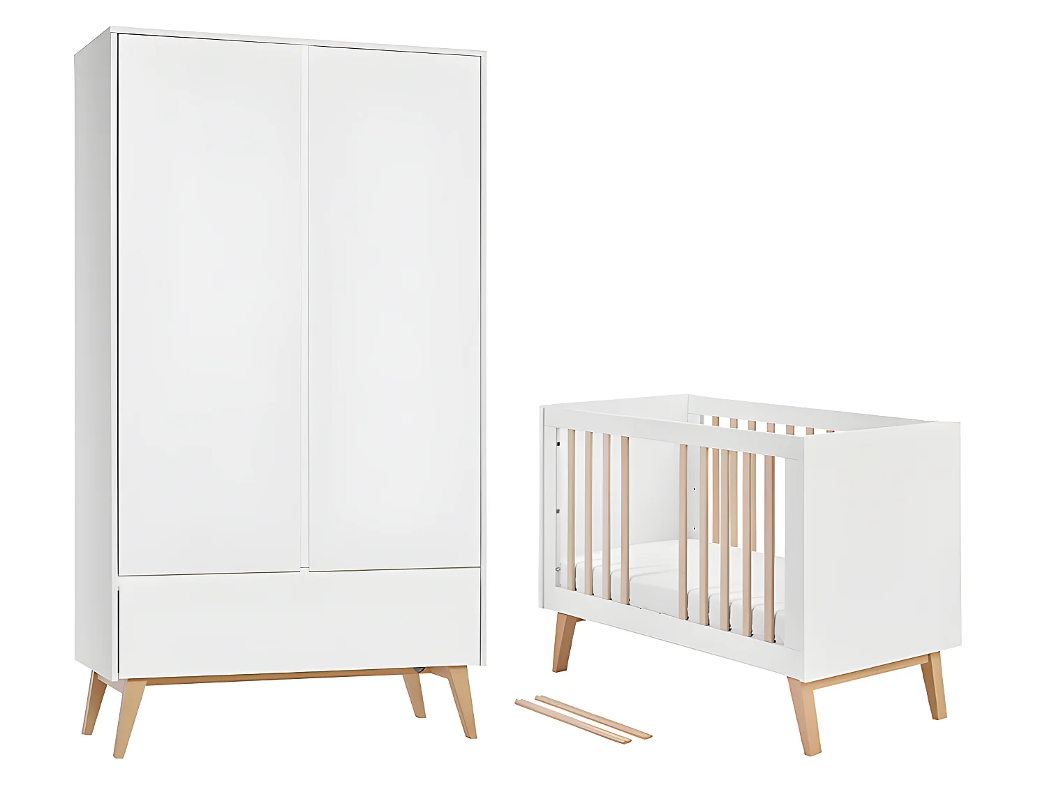 Lit évolutif 60x120 et armoire 2 portes Swing - Blanc et bois