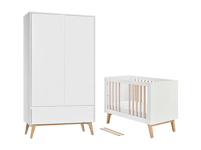 Lit évolutif 60x120 et armoire 2 portes Swing - Blanc et bois