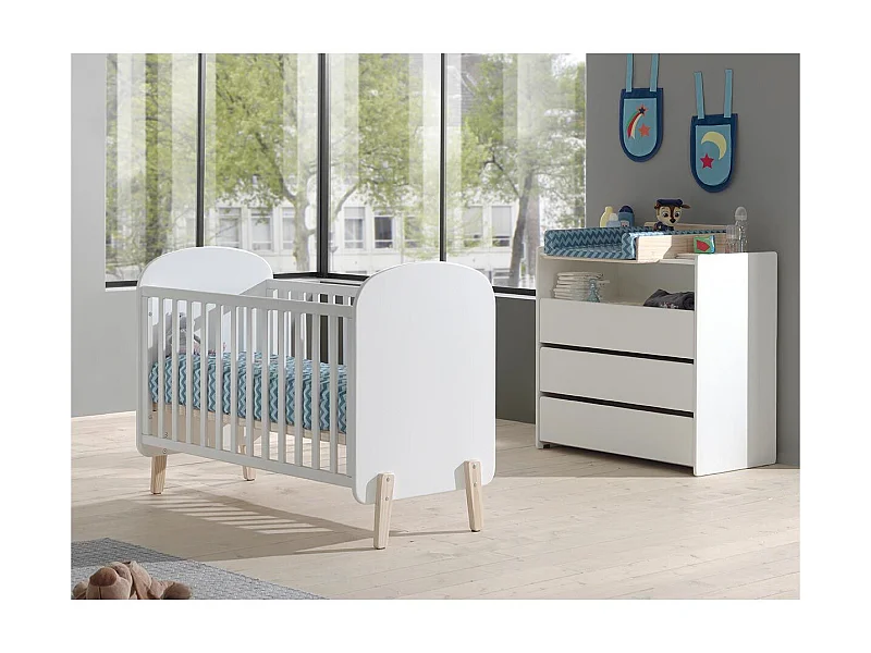 Pack - Lit Bébé 60x120cm, Commode & Plan à Langer "Kiddy" Blanc
