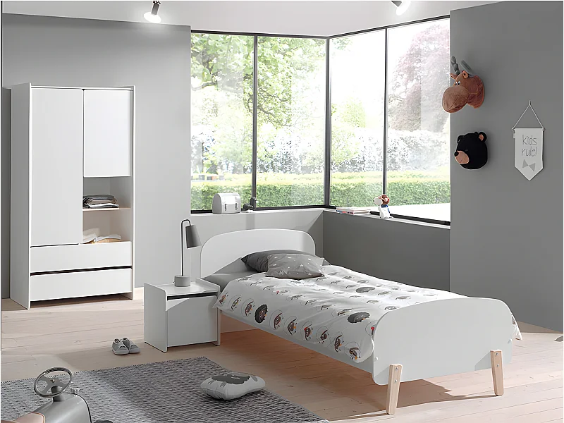 Pack - Lit Enfant, Chevet & Armoire "Kiddy" Blanc