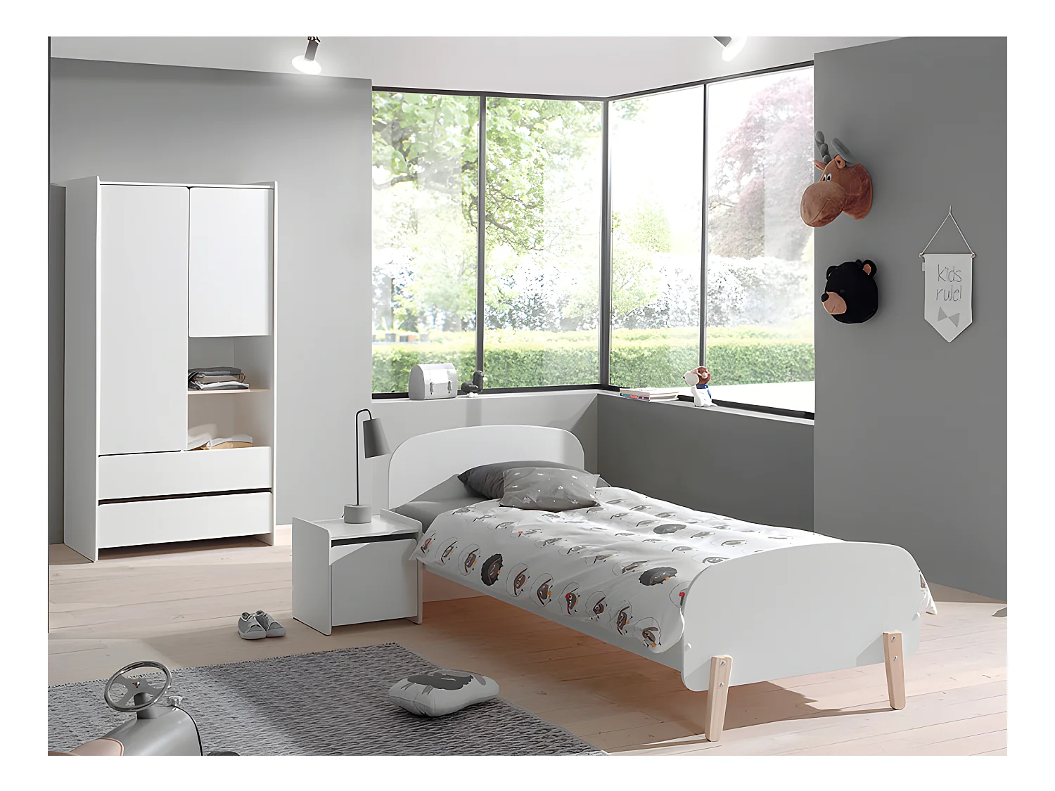 Pack - Lit Enfant, Chevet & Armoire "Kiddy" Blanc