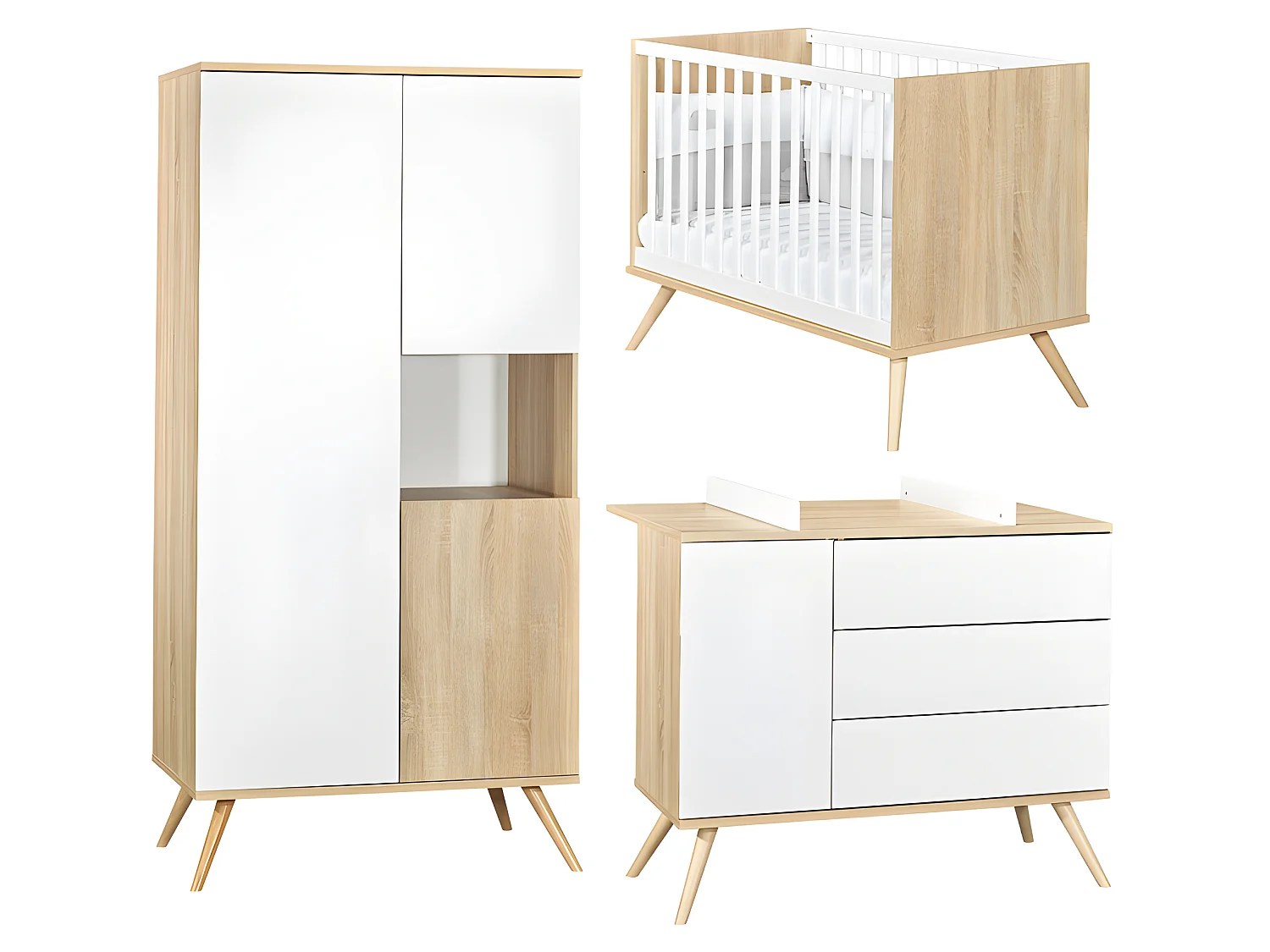 Chambre complète lit bébé commode à langer et armoire Seventies Bois et blanc