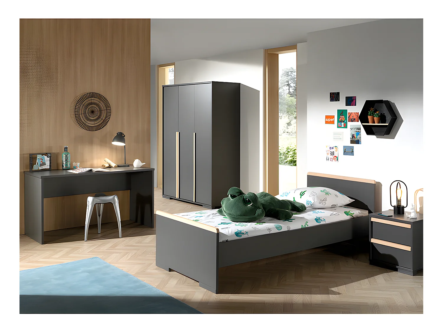 Pack - Lit Enfant, Chevet, Armoire & Bureau "London" Gris Anthracite