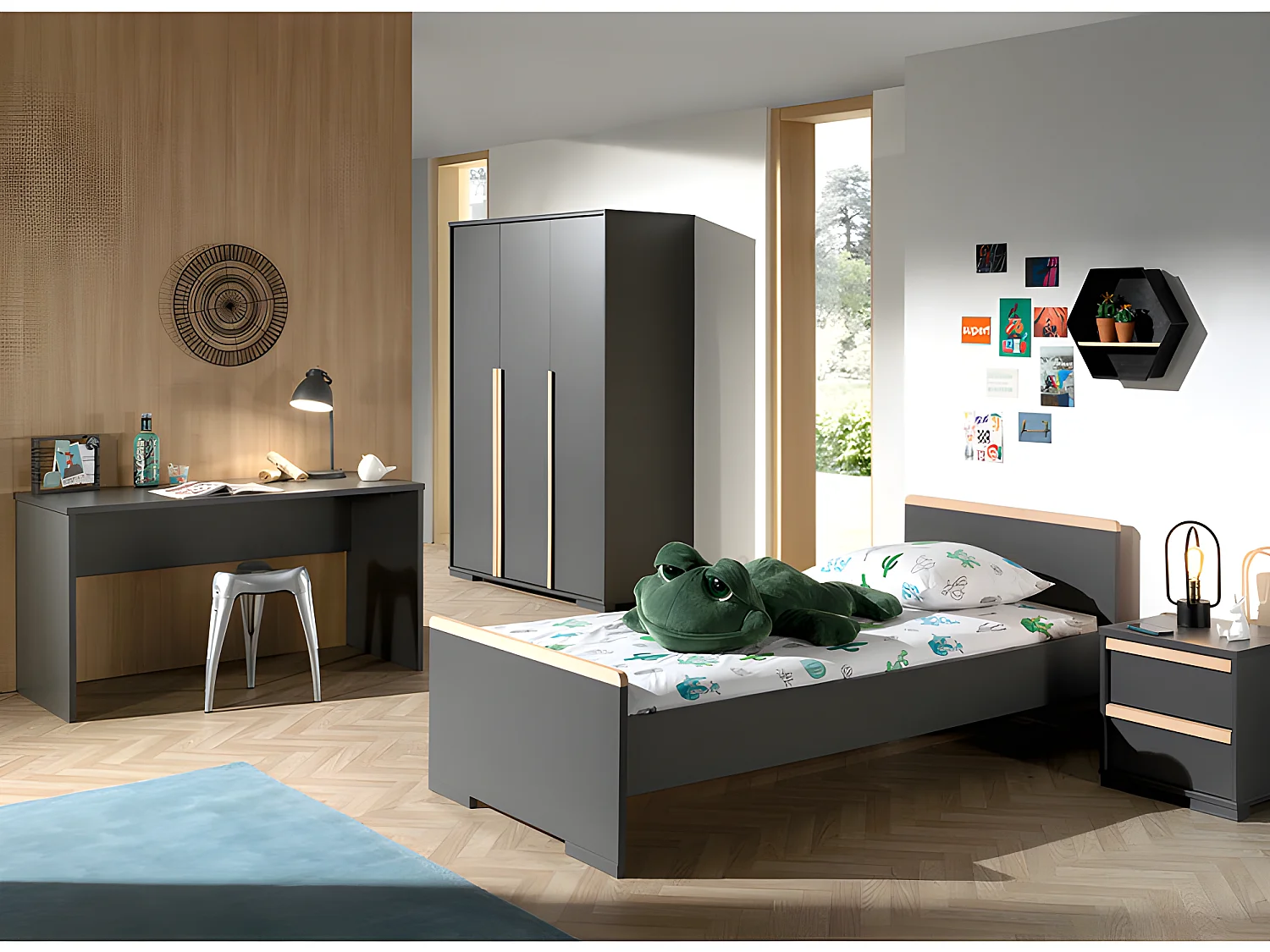 Pack - Lit Enfant, Chevet, Armoire & Bureau "London" Gris Anthracite