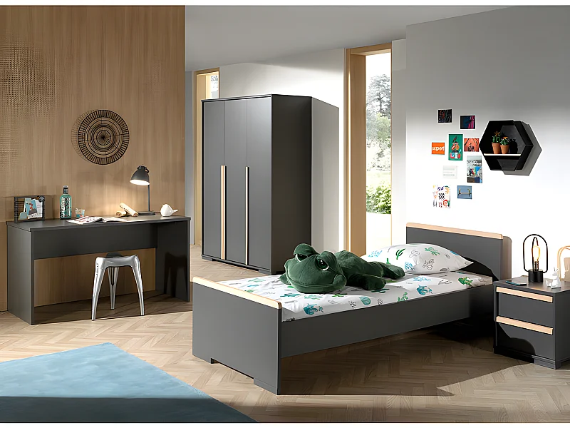 Pack - Lit Enfant, Chevet, Armoire & Bureau "London" Gris Anthracite