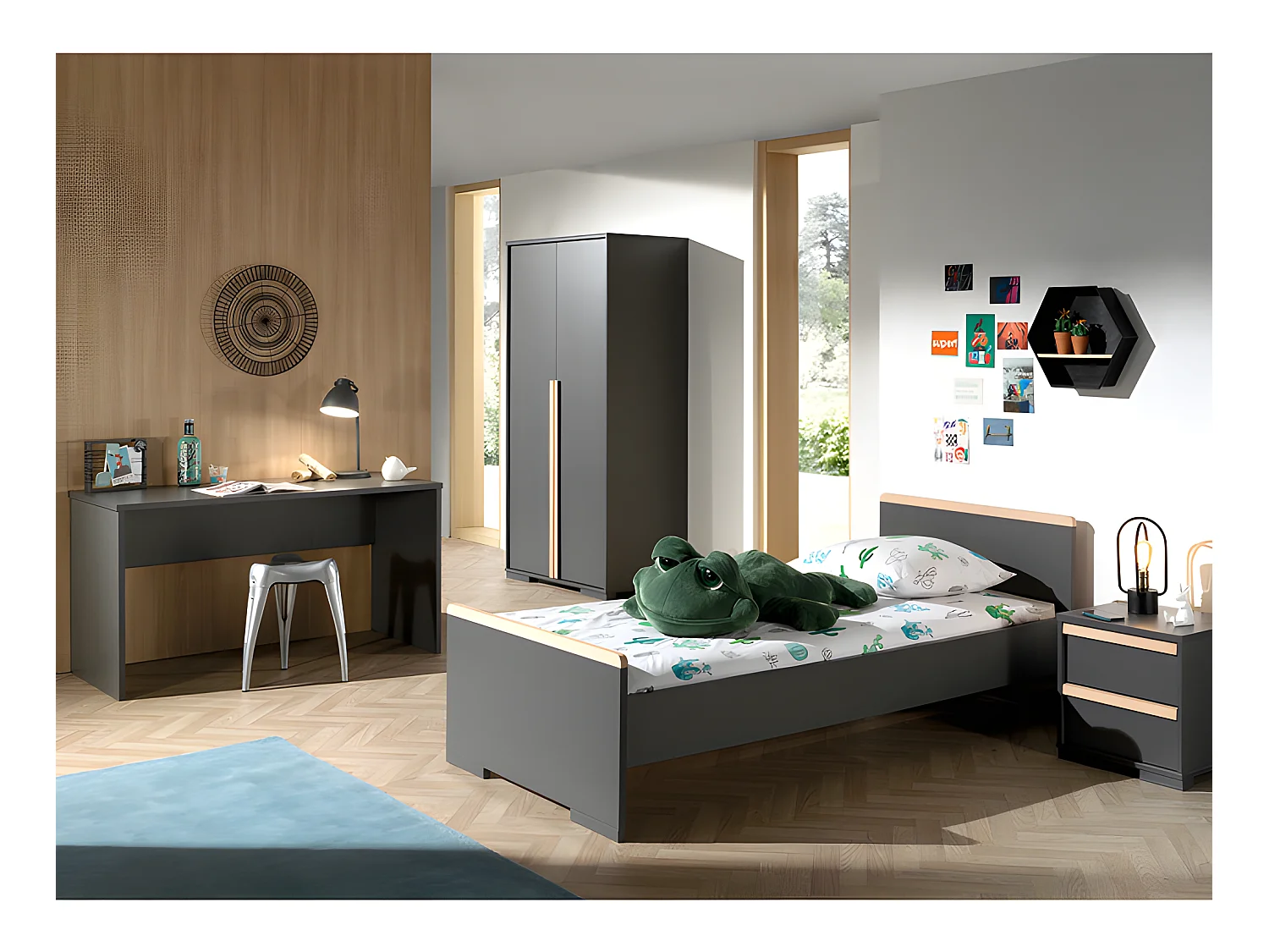 Pack - Lit Enfant, Chevet, Armoire & Bureau "London II" Gris Anthracite