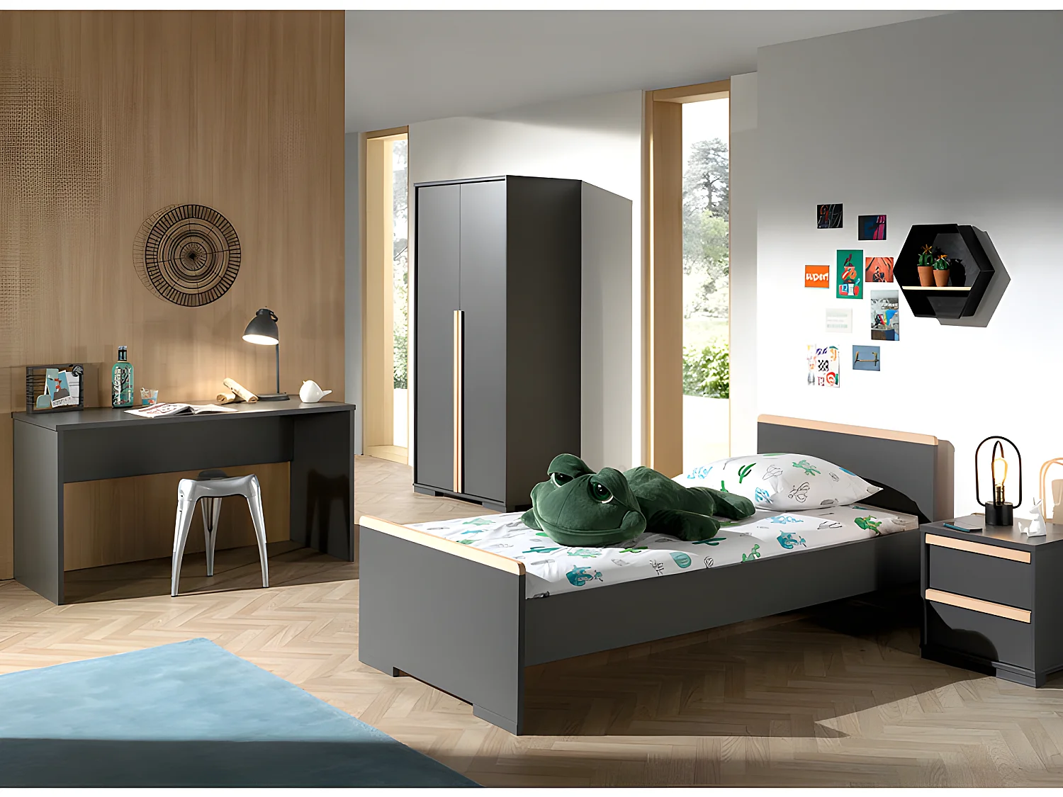 Pack - Lit Enfant, Chevet, Armoire & Bureau "London II" Gris Anthracite