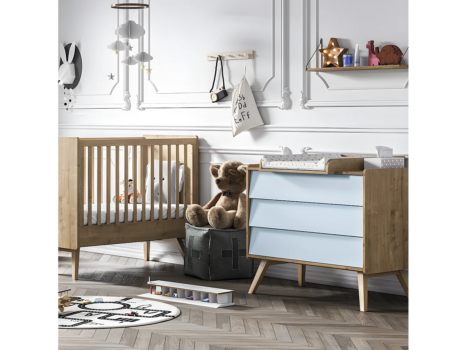 Lit bébé et Commode à langer Vintage Bois Bleu