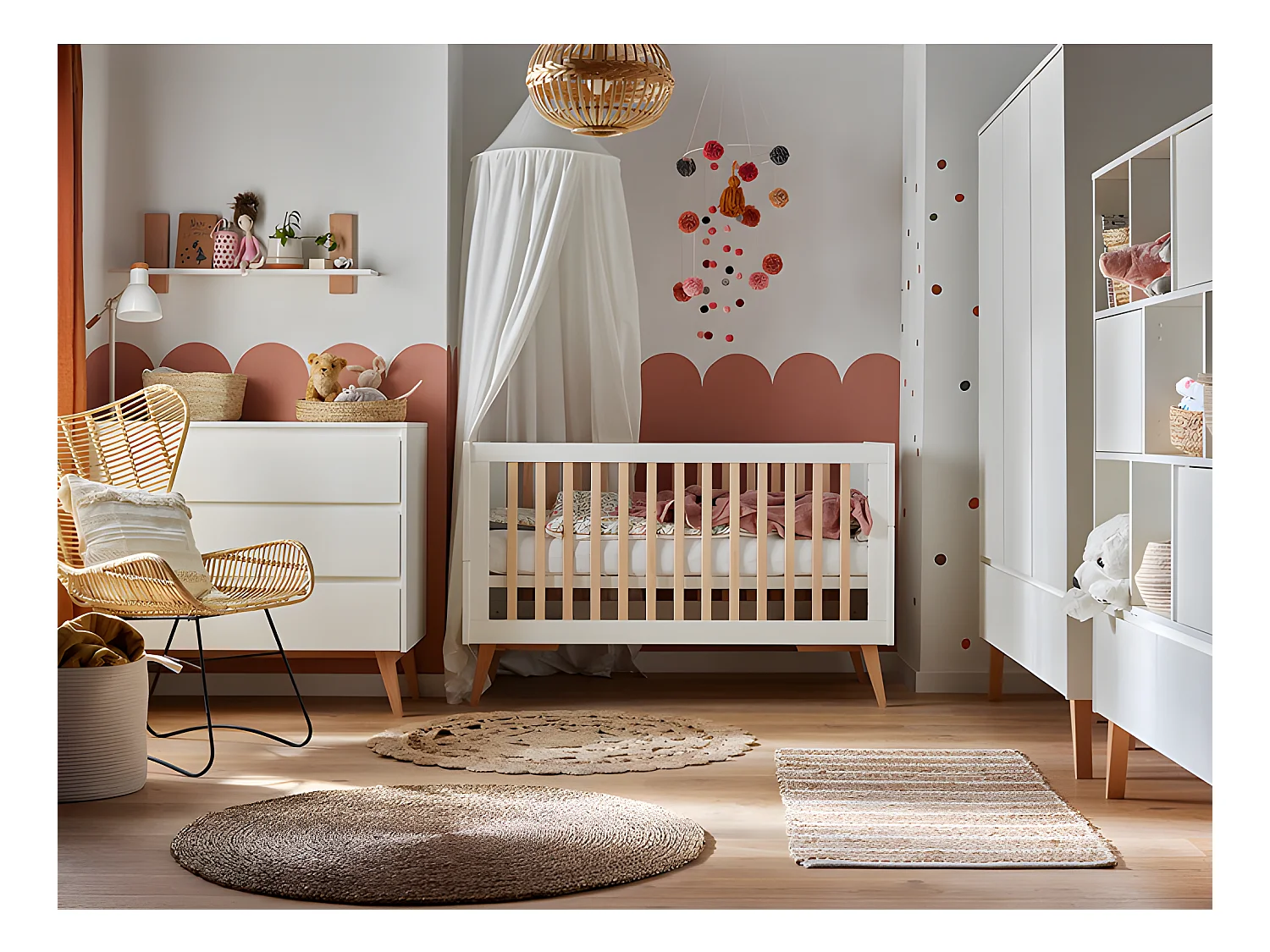 Chambre complète lit évolutif 60x120 commode à langer et armoire 3 portes Swing - Blanc et bois