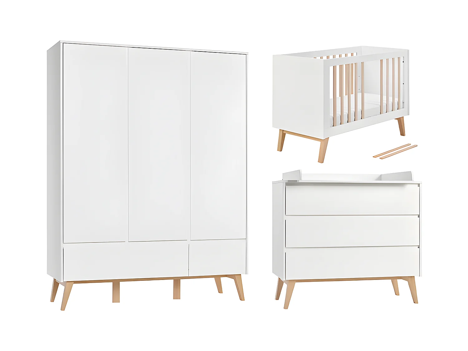 Chambre complète lit évolutif 60x120 commode à langer et armoire 3 portes Swing - Blanc et bois
