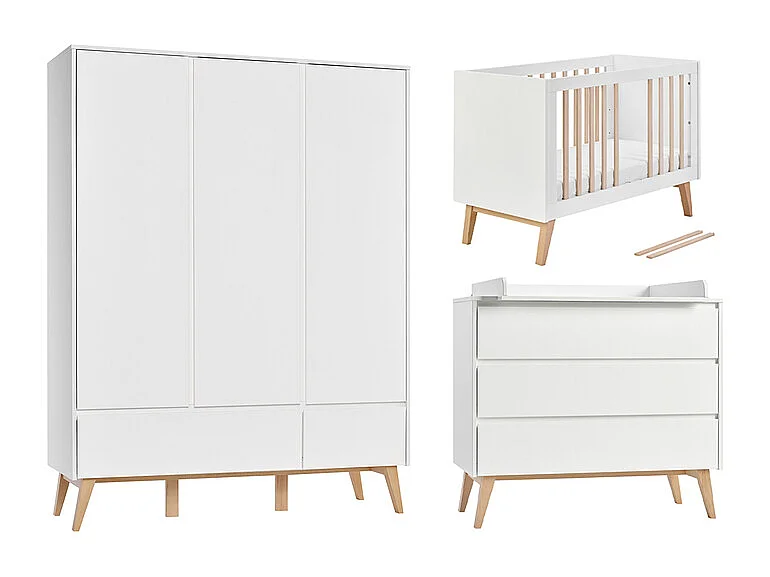 Chambre complète lit évolutif 60x120 commode à langer et armoire 3 portes Swing - Blanc et bois