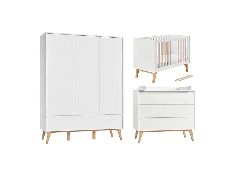 Chambre complète lit évolutif 60x120 commode à langer et armoire 3 portes Pinio Swing - Blanc et bois