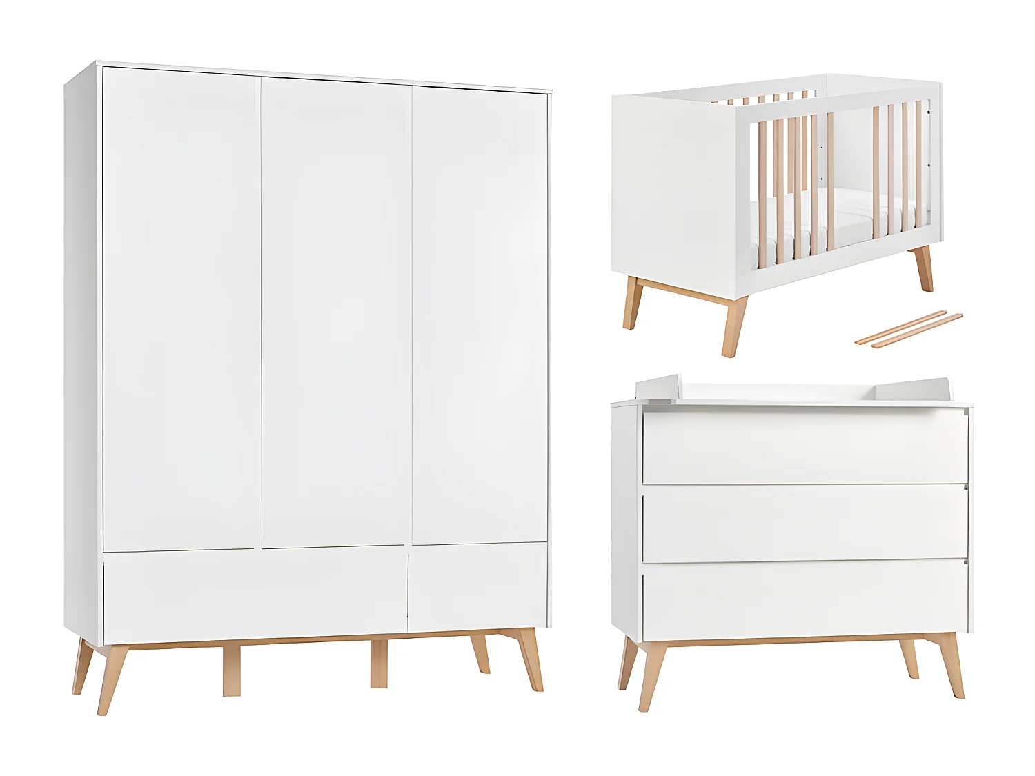 Chambre complète lit évolutif 60x120 commode à langer et armoire 3 portes Swing - Blanc et bois