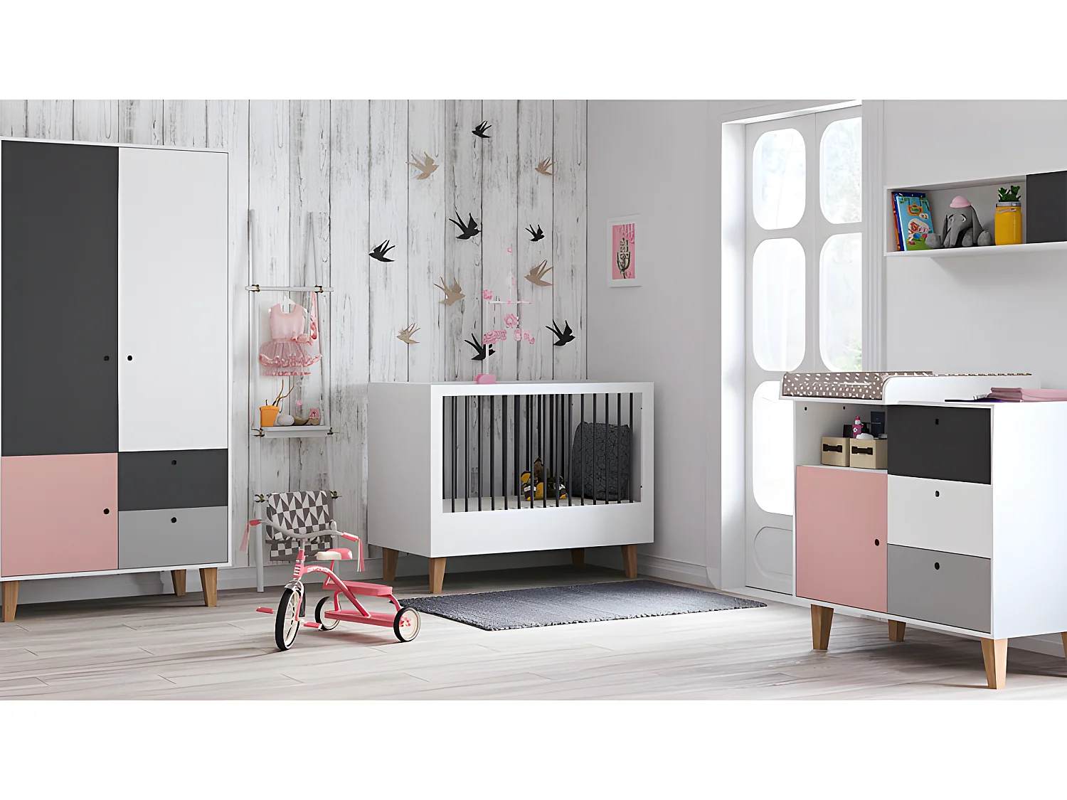 Chambre complète lit bébé - commode à langer - armoire Concept Rose