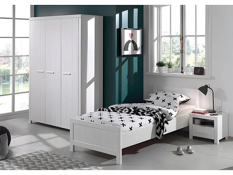 Pack - Lit Enfant, Sommier, Chevet & Armoire "Erik II" 90x200cm Blanc