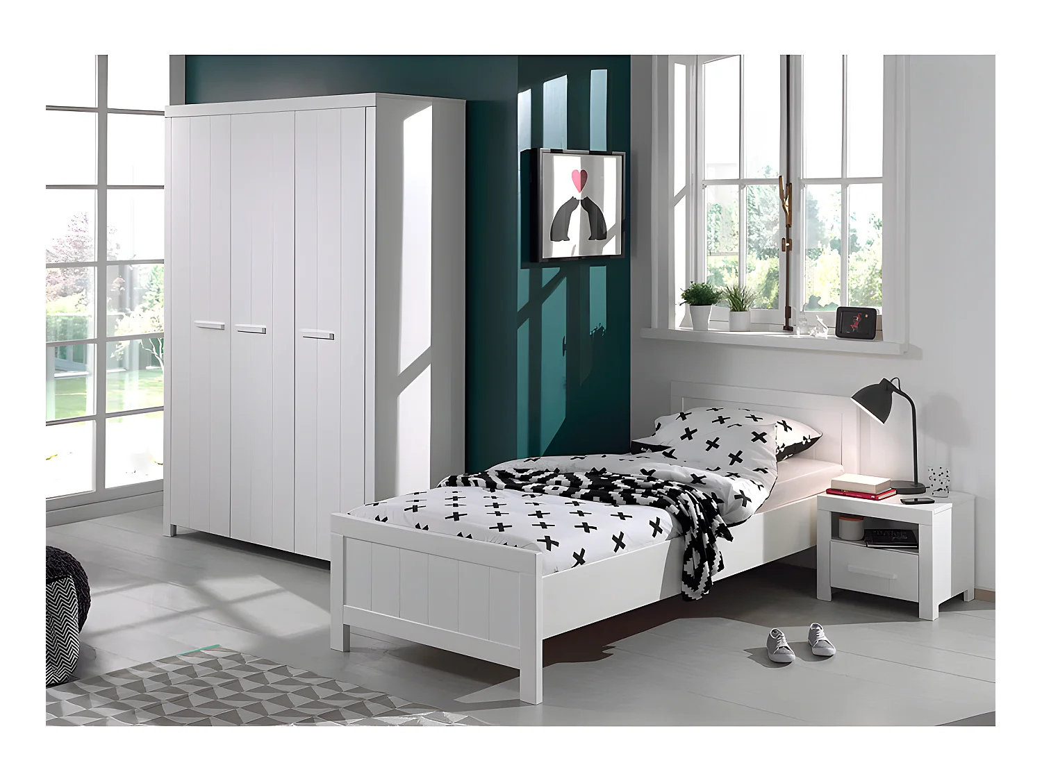 Pack - Lit Enfant, Sommier, Chevet & Armoire "Erik II" 90x200cm Blanc