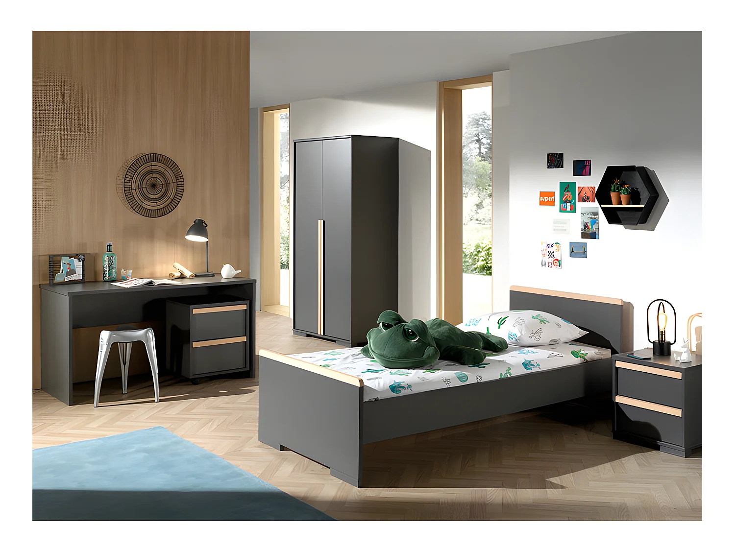 Chambre Complète Enfant 5P "London II" Gris Anthracite