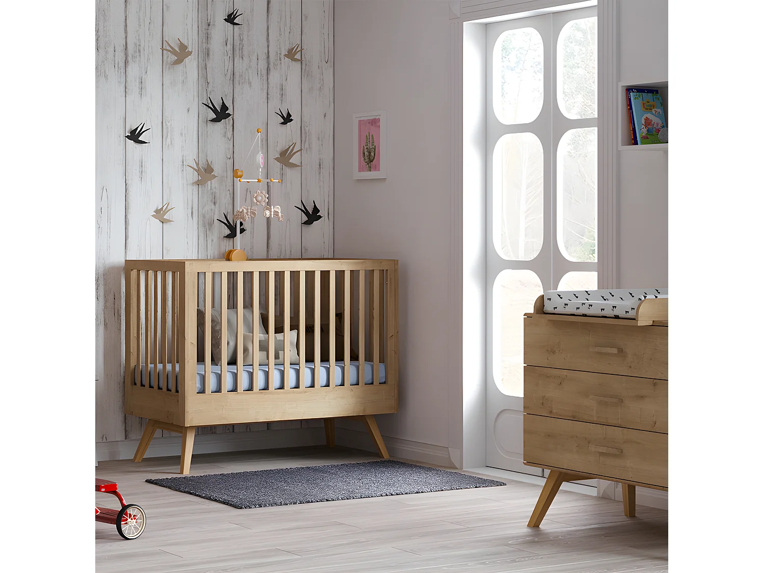 Lit bébé évolutif et Commode à langer Nautis Bois