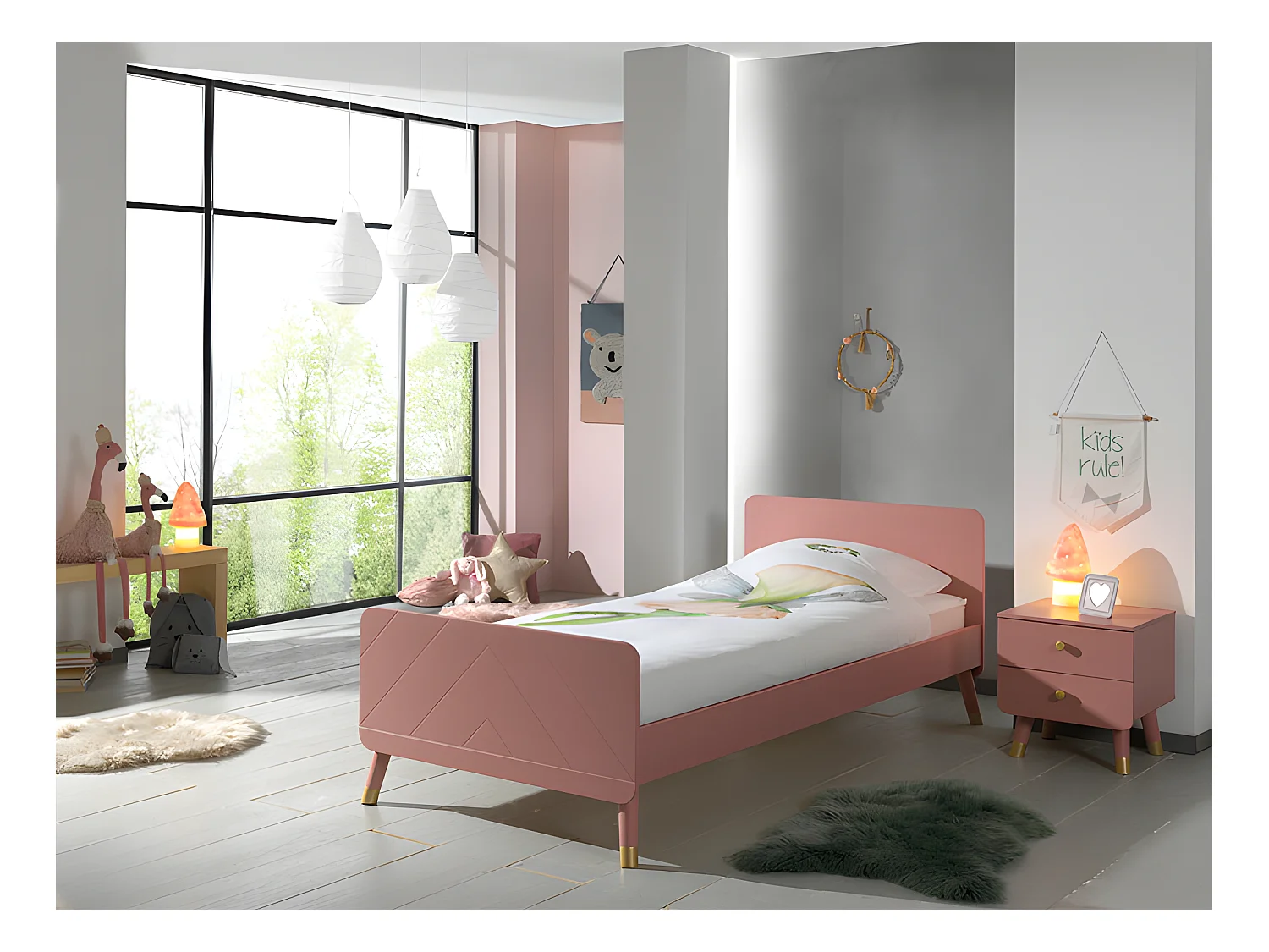 Pack - Lit Enfant & Chevet "Billy" 90x200cm Rose