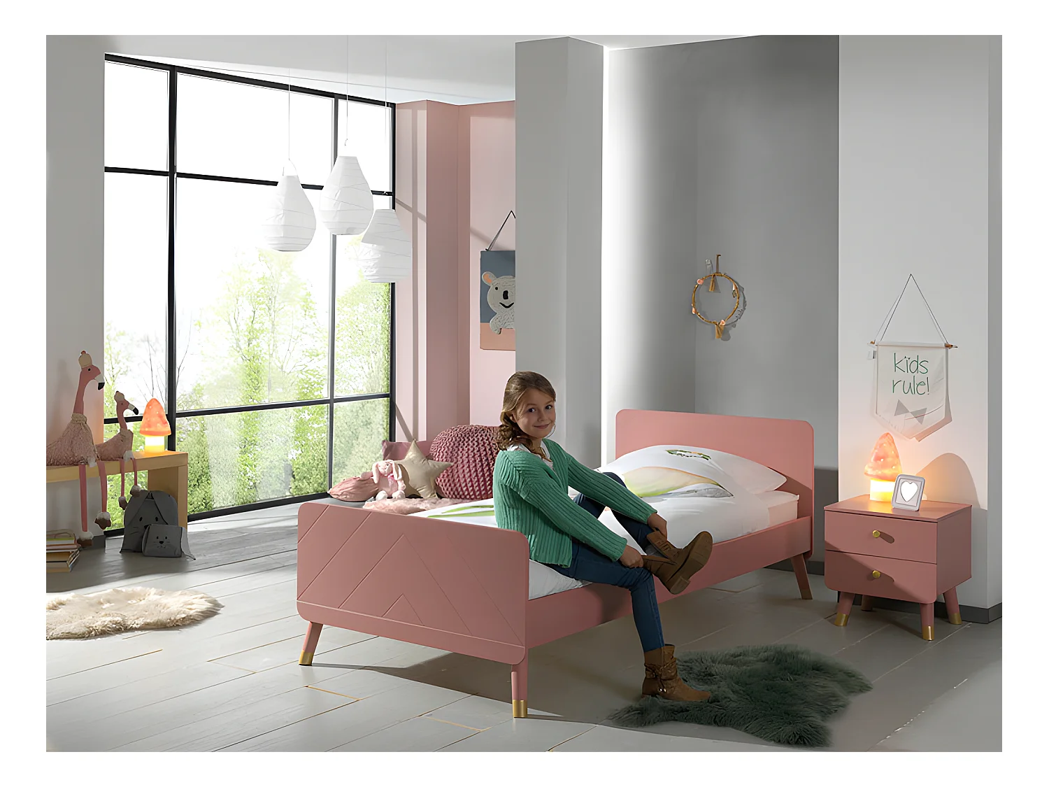 Pack - Lit Enfant & Chevet "Billy" 90x200cm Rose