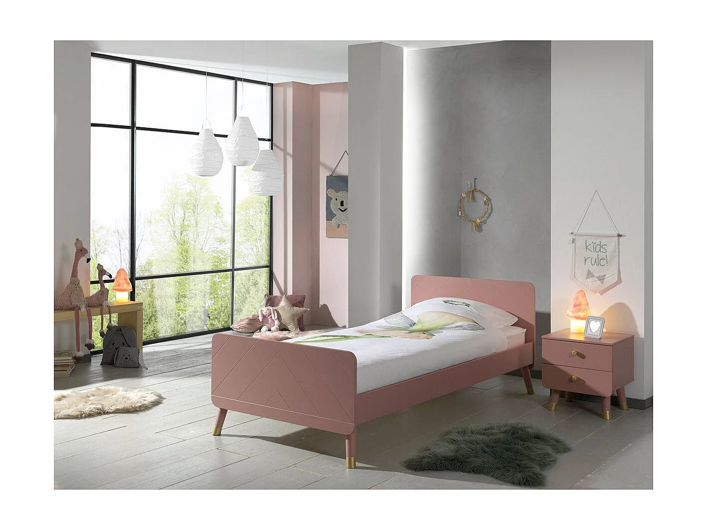 Pack - Lit Enfant & Chevet "Billy" 90x200cm Rose