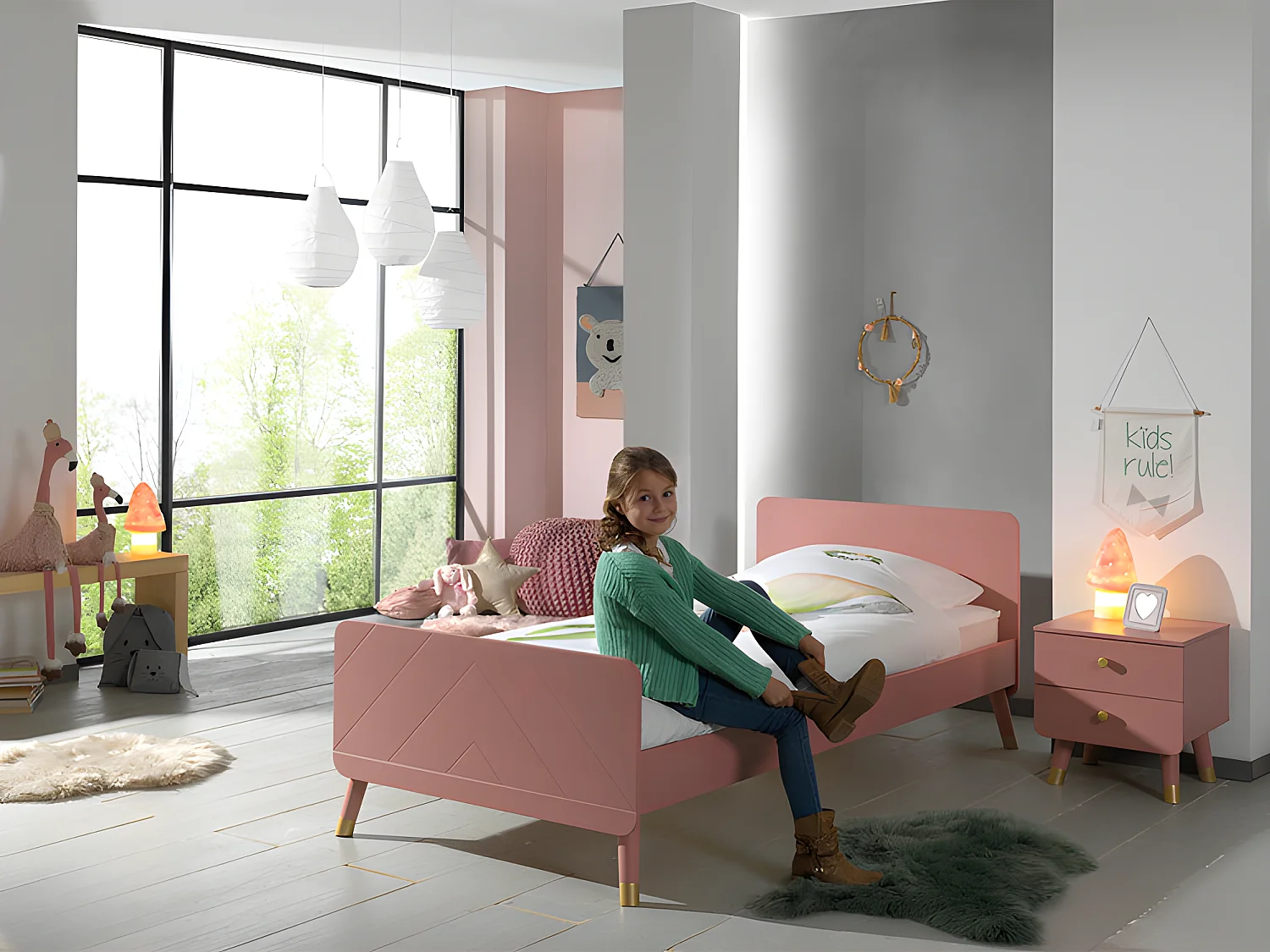 Pack - Lit Enfant & Chevet "Billy" 90x200cm Rose