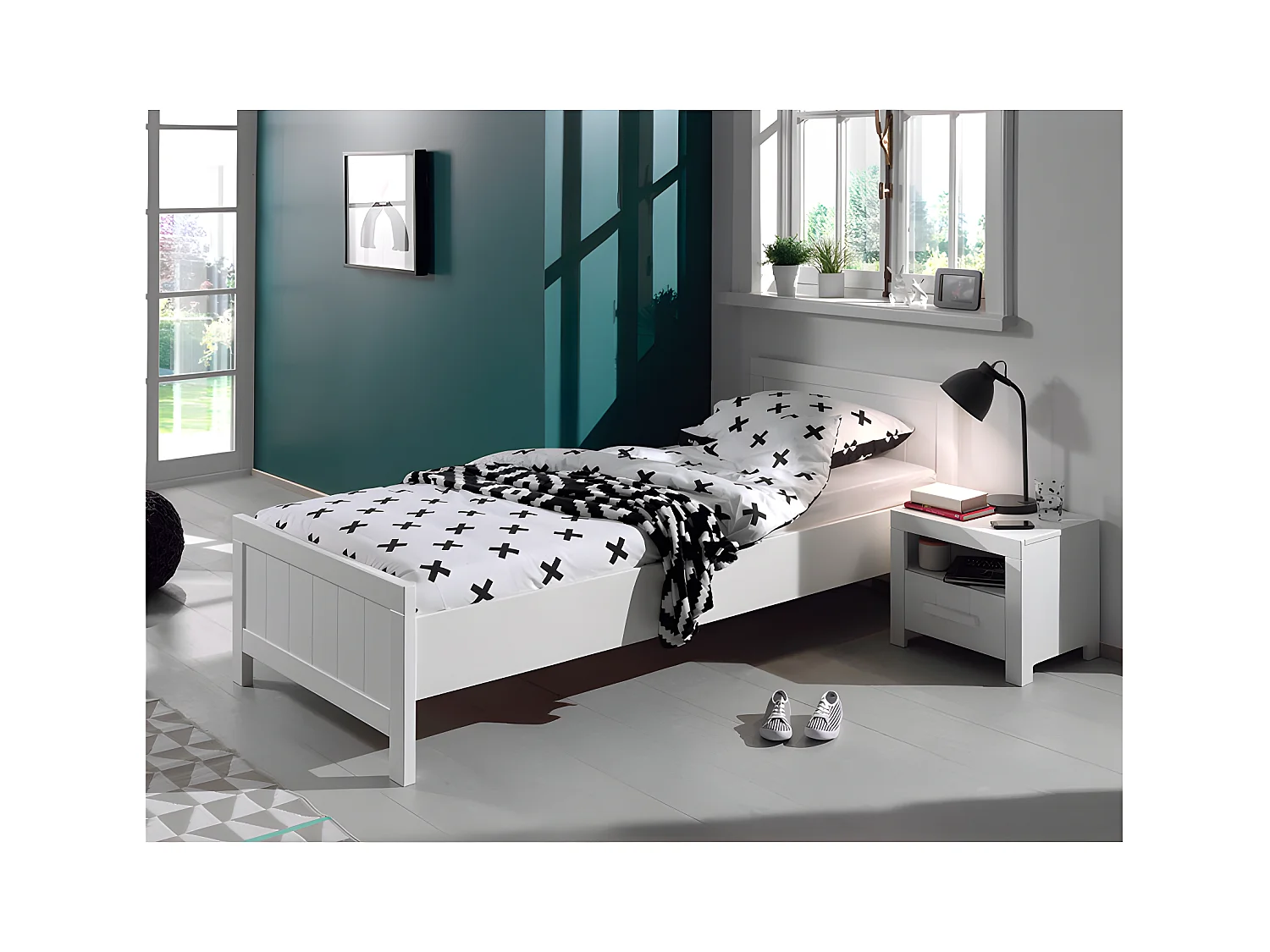 Pack - Lit Enfant, Sommier & Chevet "Erik" 90x200cm Blanc