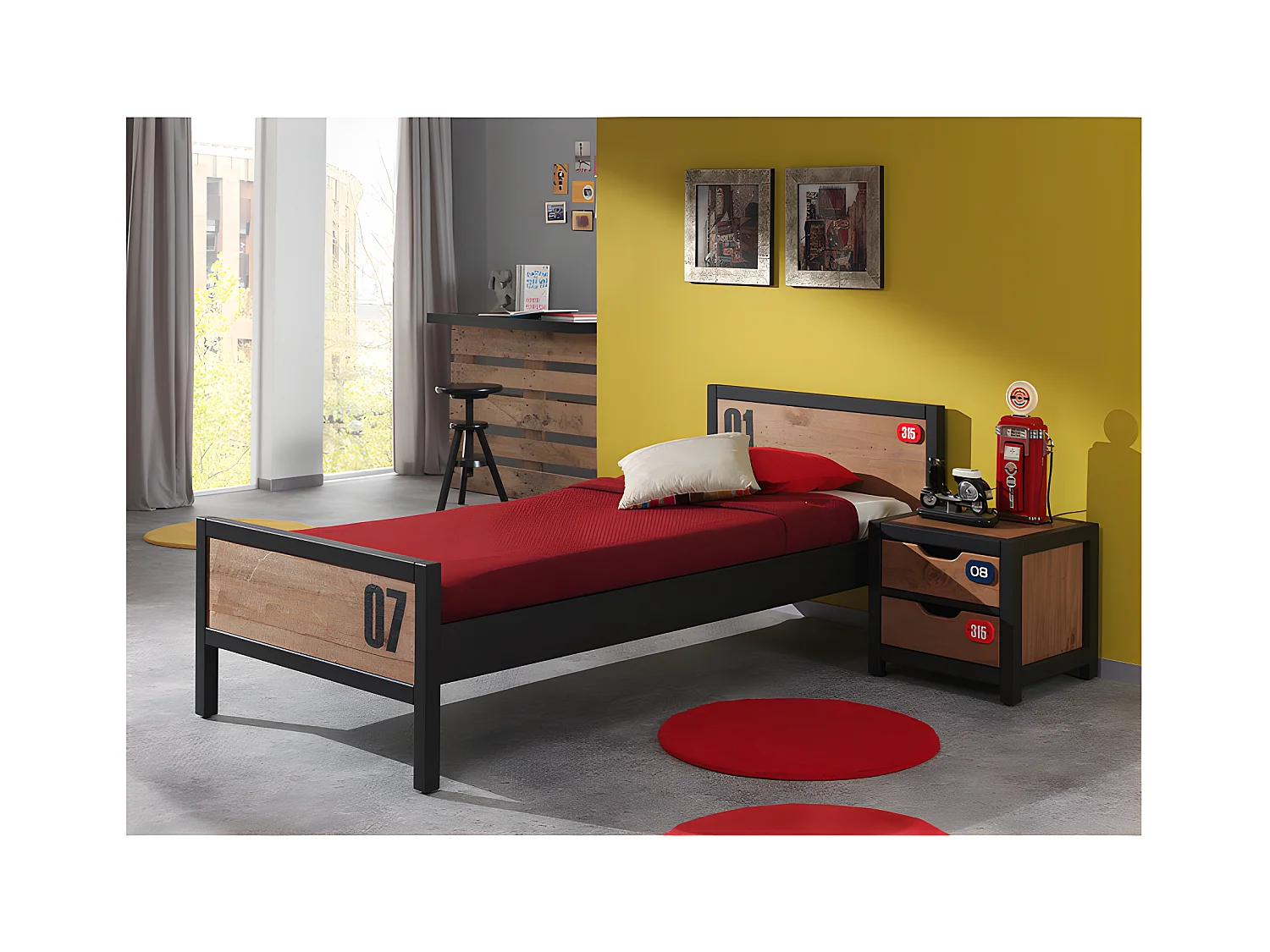 Pack - Lit Enfant, Sommier & Chevet "Alex" 90x200cm Marron & Noir