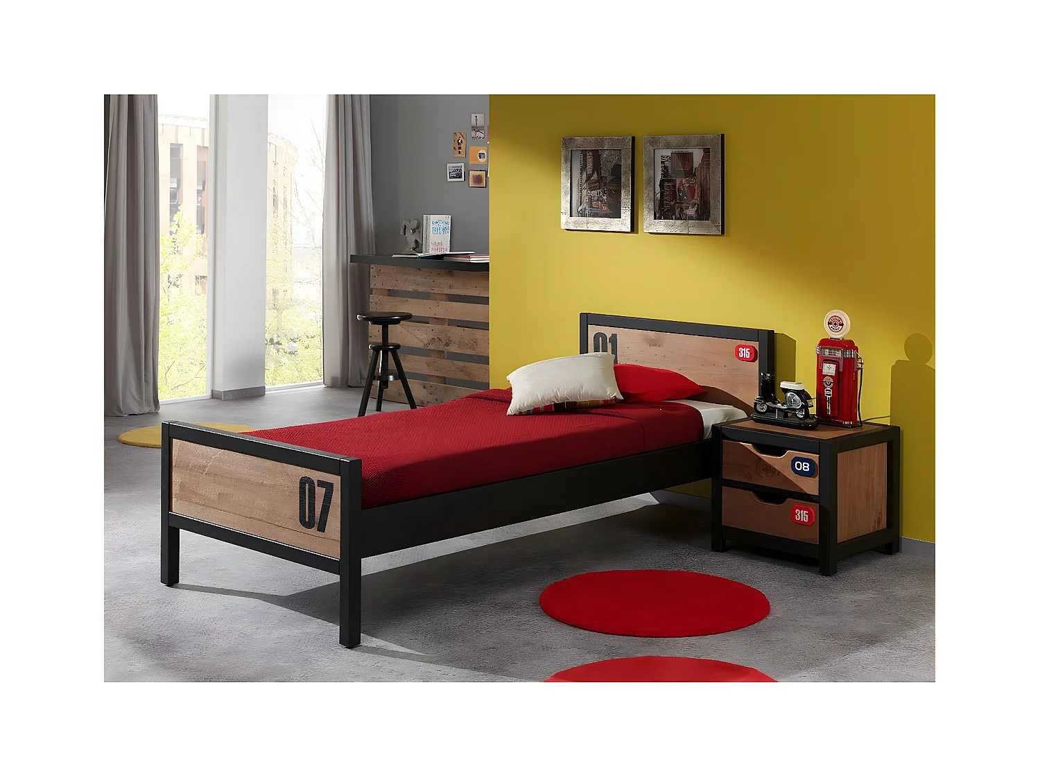 Pack - Lit Enfant, Sommier & Chevet "Alex" 90x200cm Marron & Noir