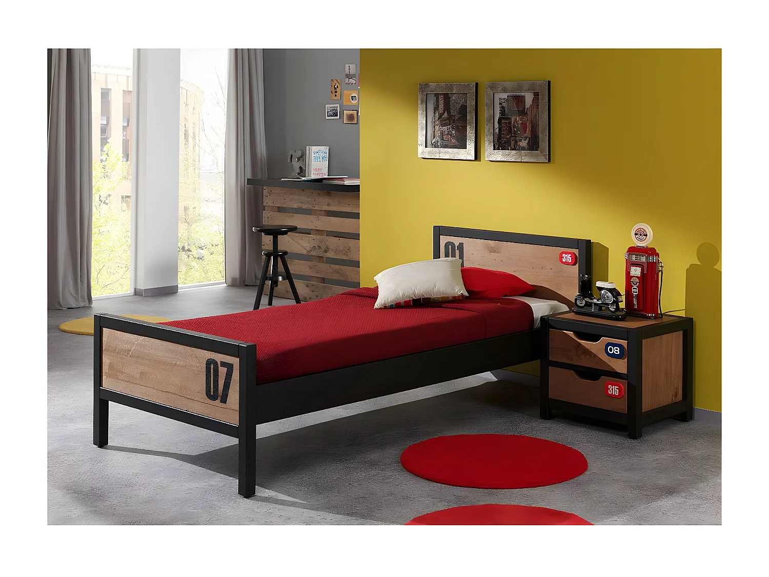 Pack - Lit Enfant, Sommier & Chevet "Alex" 90x200cm Marron & Noir