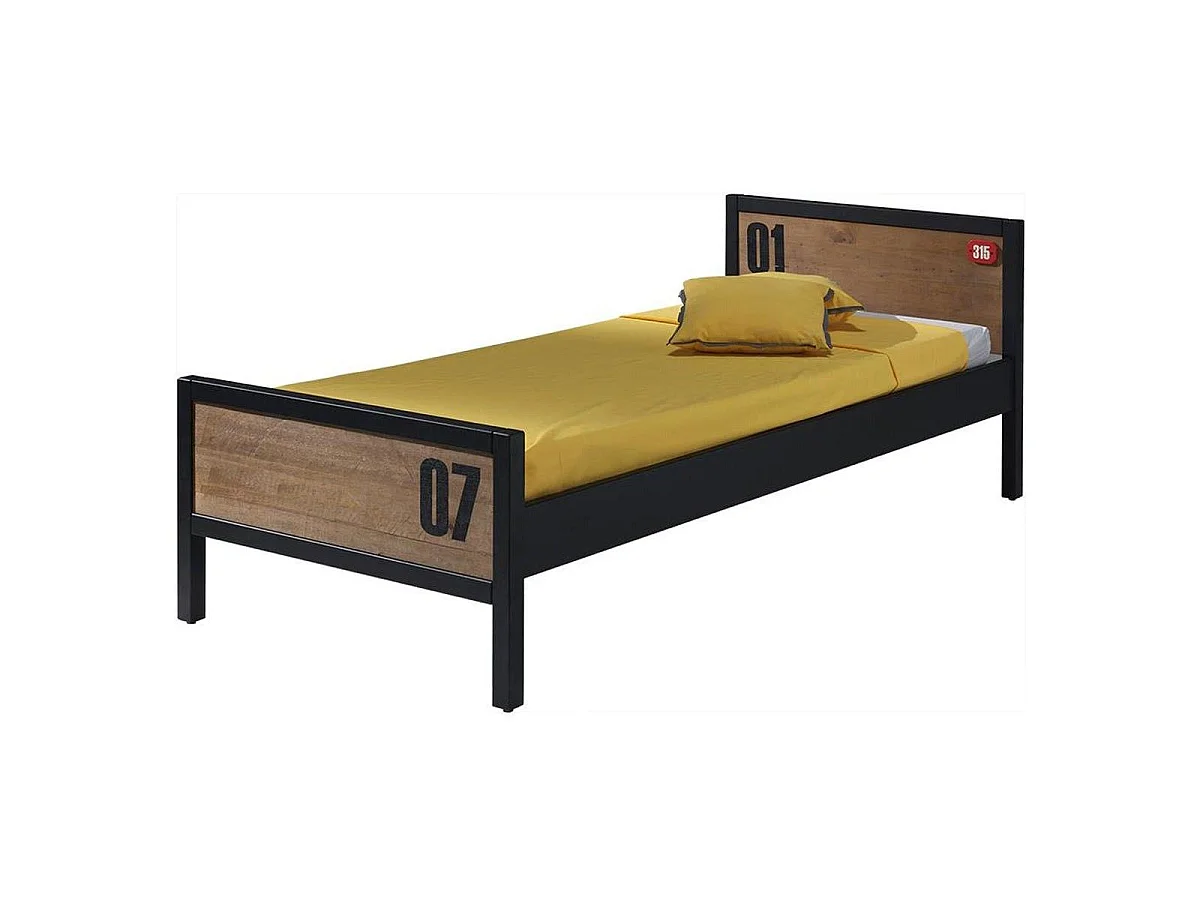 Pack - Lit Enfant, Sommier & Chevet "Alex" 90x200cm Marron & Noir