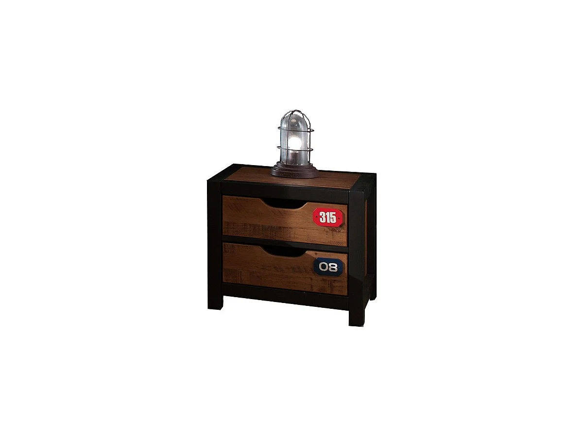 Pack - Lit Enfant, Sommier & Chevet "Alex" 90x200cm Marron & Noir