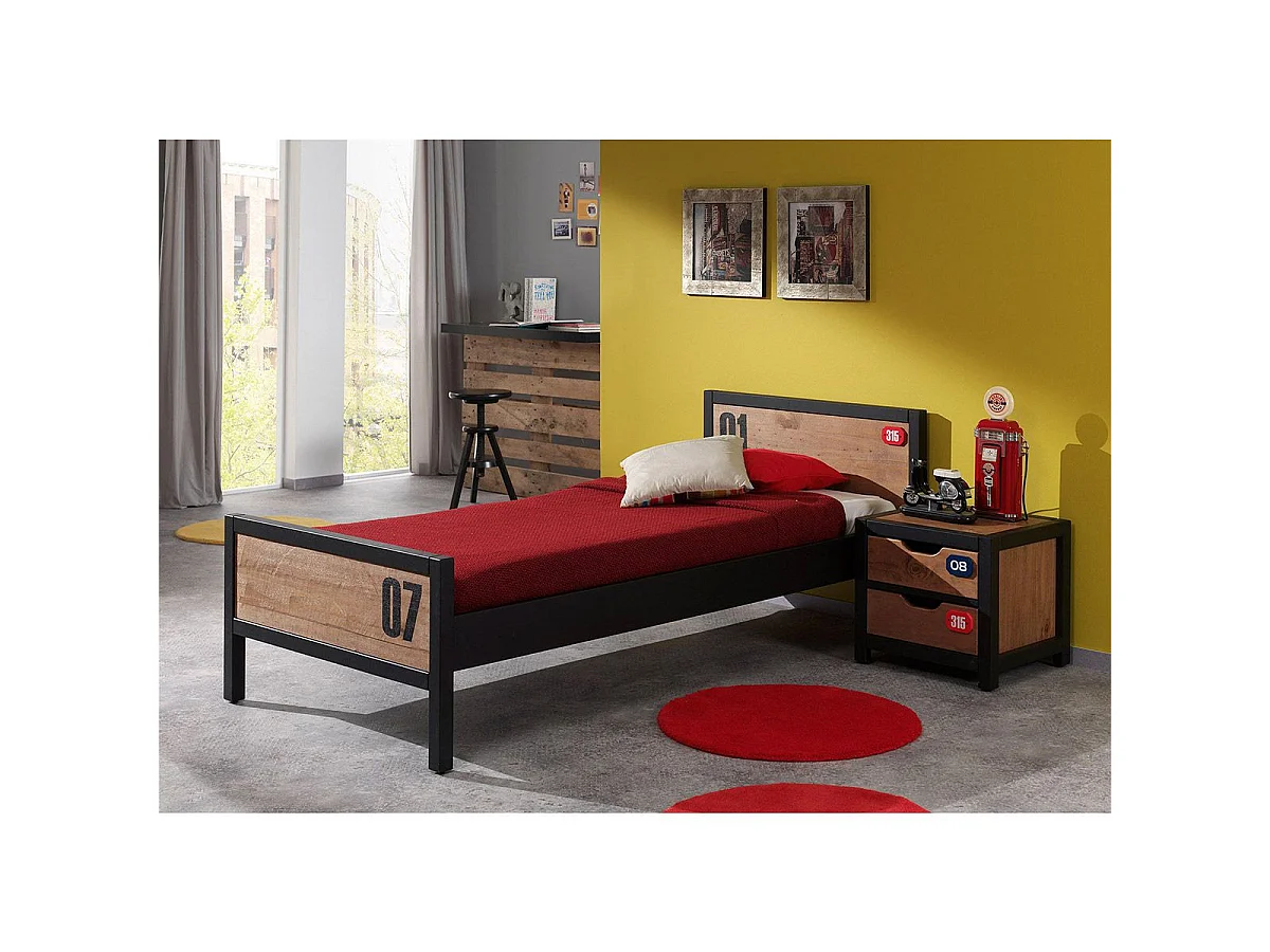 Pack - Lit Enfant, Sommier & Chevet "Alex" 90x200cm Marron & Noir