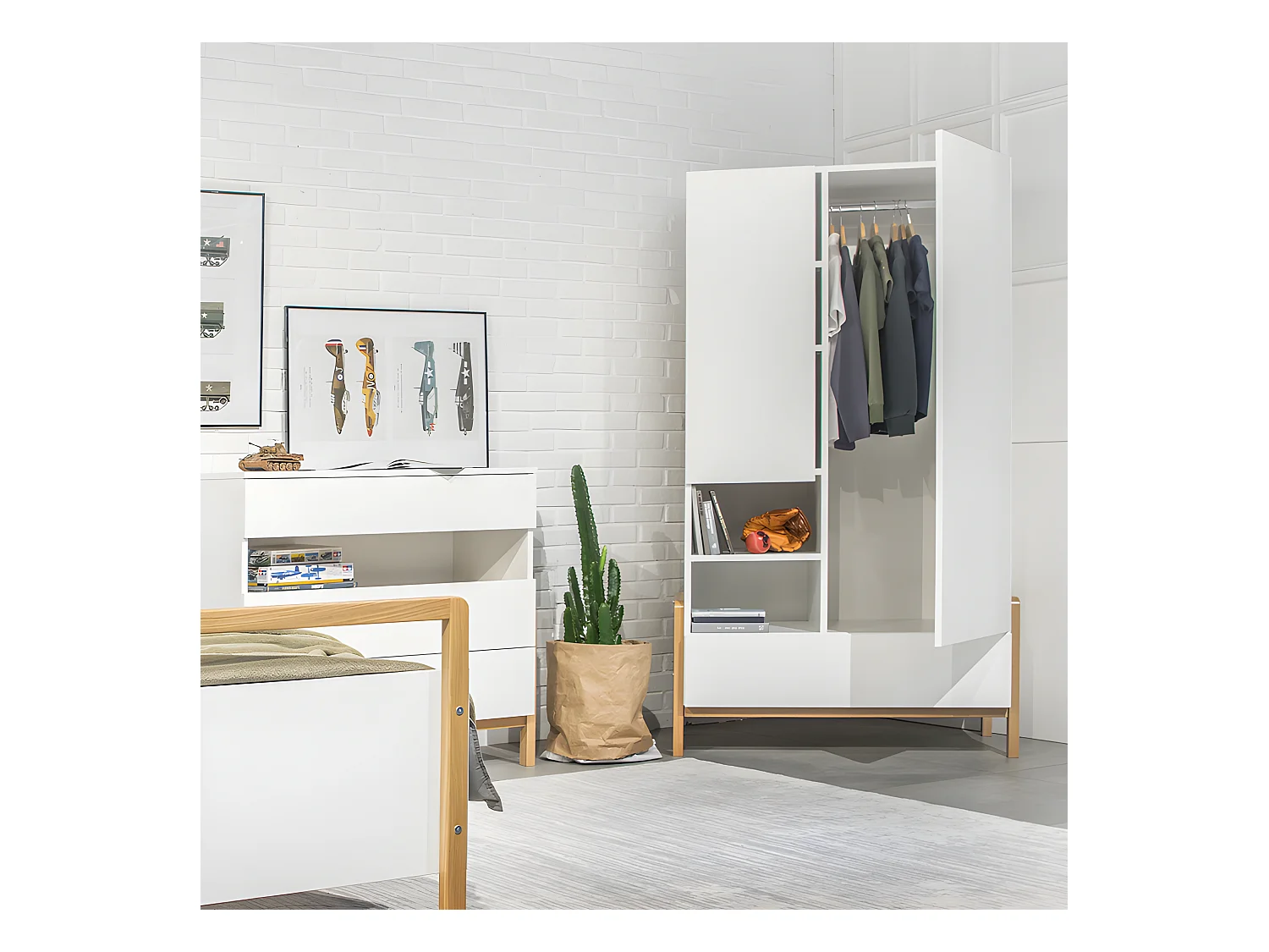 Lit bébé 60x120 et armoire 2 portes Victor - Blanc et Chêne